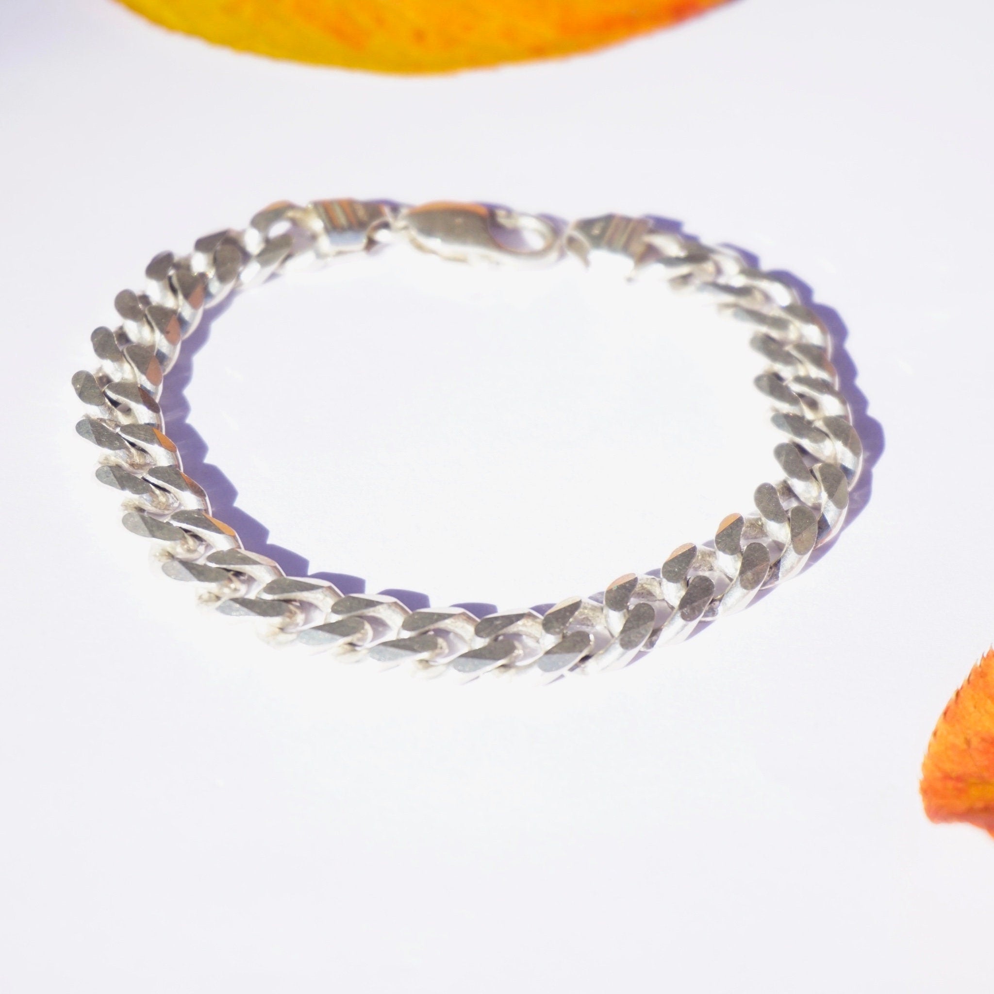 Vintage Sterling Silver Cuban Link Bracelet, Flat Curb Link Silver Bracelet, Solid Silver Bracelet Made In Italy, Large Men's Bracelet, 925