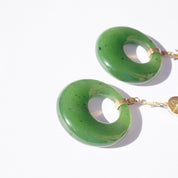 Vintage 14K gold jade dangle earrings with Chinese symbol and natural green jade hoop studs