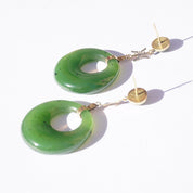 Vintage 14K gold Chinese symbol jade dangle earrings with natural green jade hoops