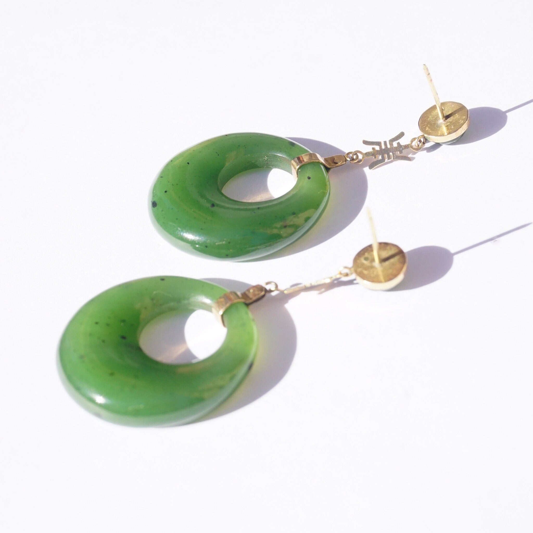 Vintage 14K gold Chinese symbol jade dangle earrings with natural green jade hoops