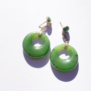 Vintage 14K gold jade dangle earrings with green jade hoops and Chinese symbol accents, natural jade stones set in 14K gold dangle stud earrings.