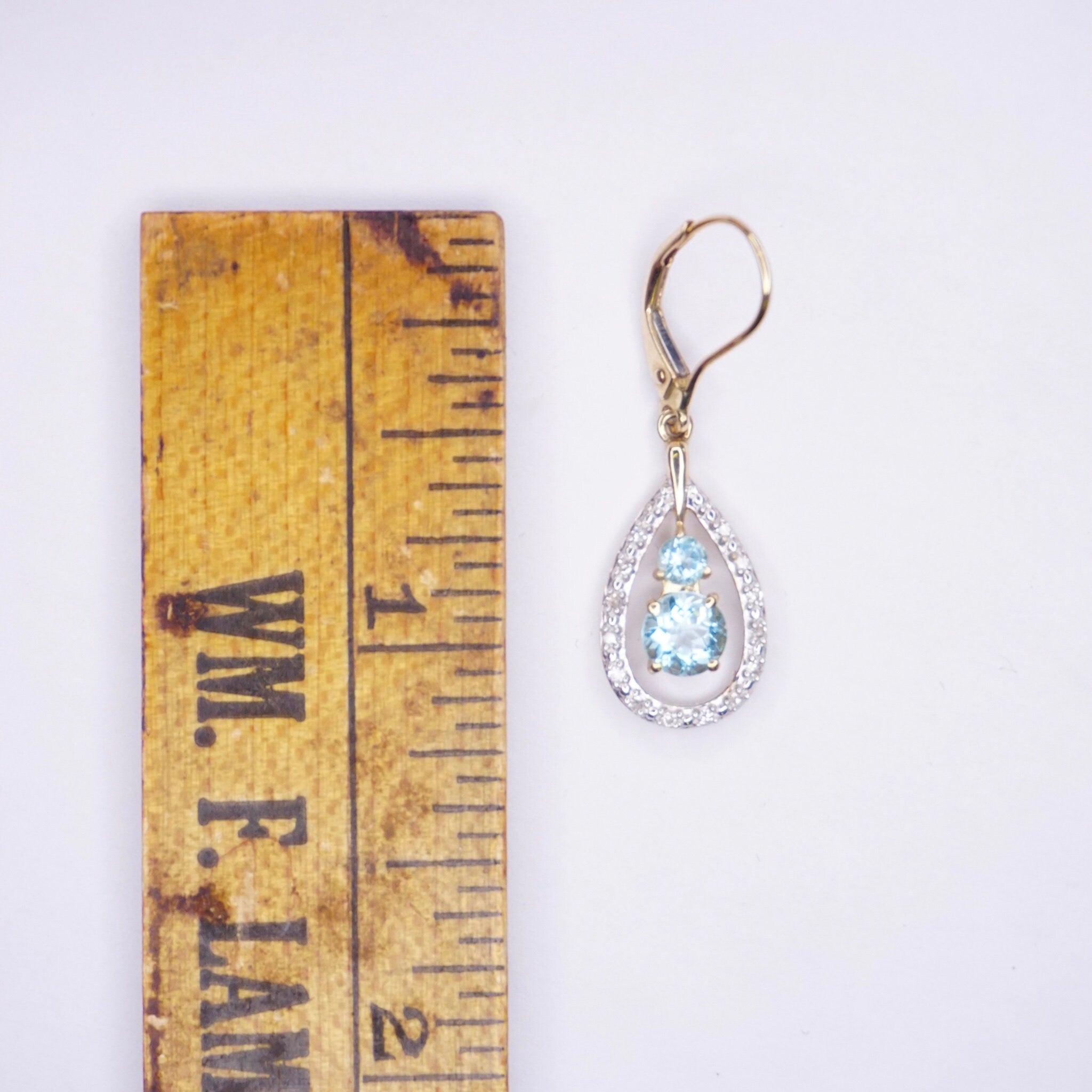 Vintage 14K Gold Tear Drop Earrings With Aquamarine and Accent Diamonds, Gold Drop Earrings With Light Blue Stone, Diamond Earrings