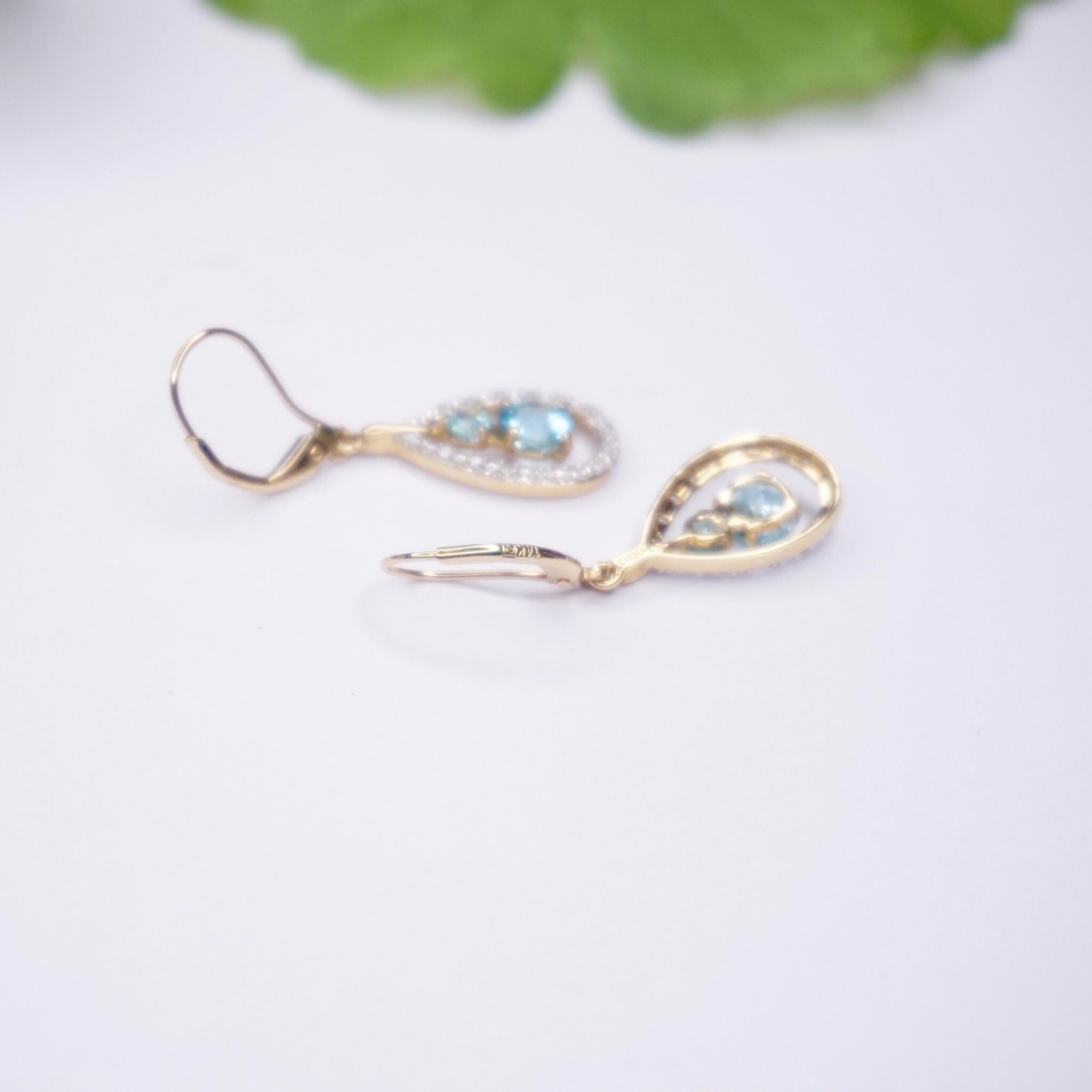 Vintage 14K Gold Tear Drop Earrings With Aquamarine and Accent Diamonds, Gold Drop Earrings With Light Blue Stone, Diamond Earrings