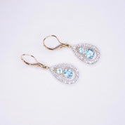 Vintage 14K Gold Tear Drop Earrings With Aquamarine and Accent Diamonds, Gold Drop Earrings With Light Blue Stone, Diamond Earrings