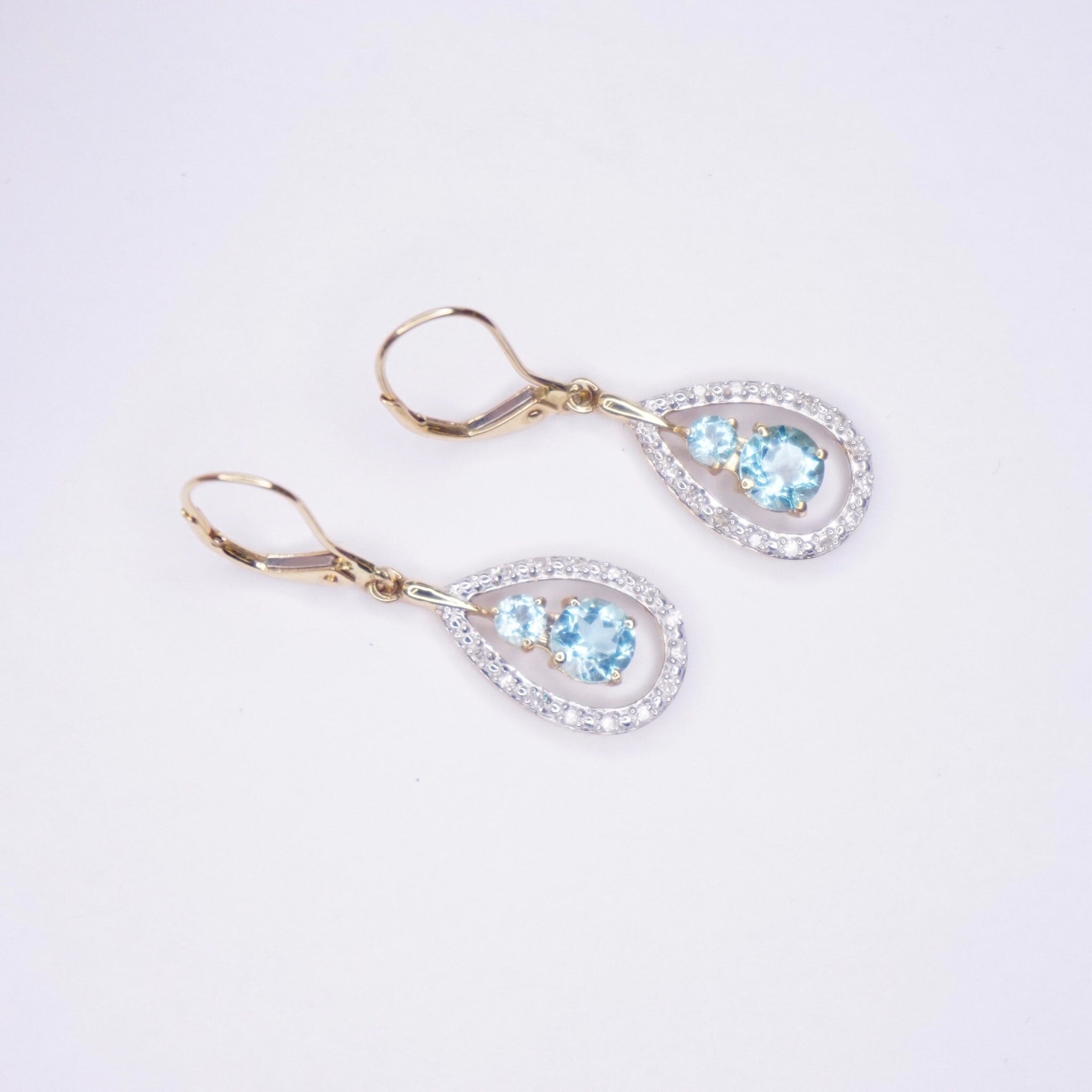 Vintage 14K Gold Tear Drop Earrings With Aquamarine and Accent Diamonds, Gold Drop Earrings With Light Blue Stone, Diamond Earrings
