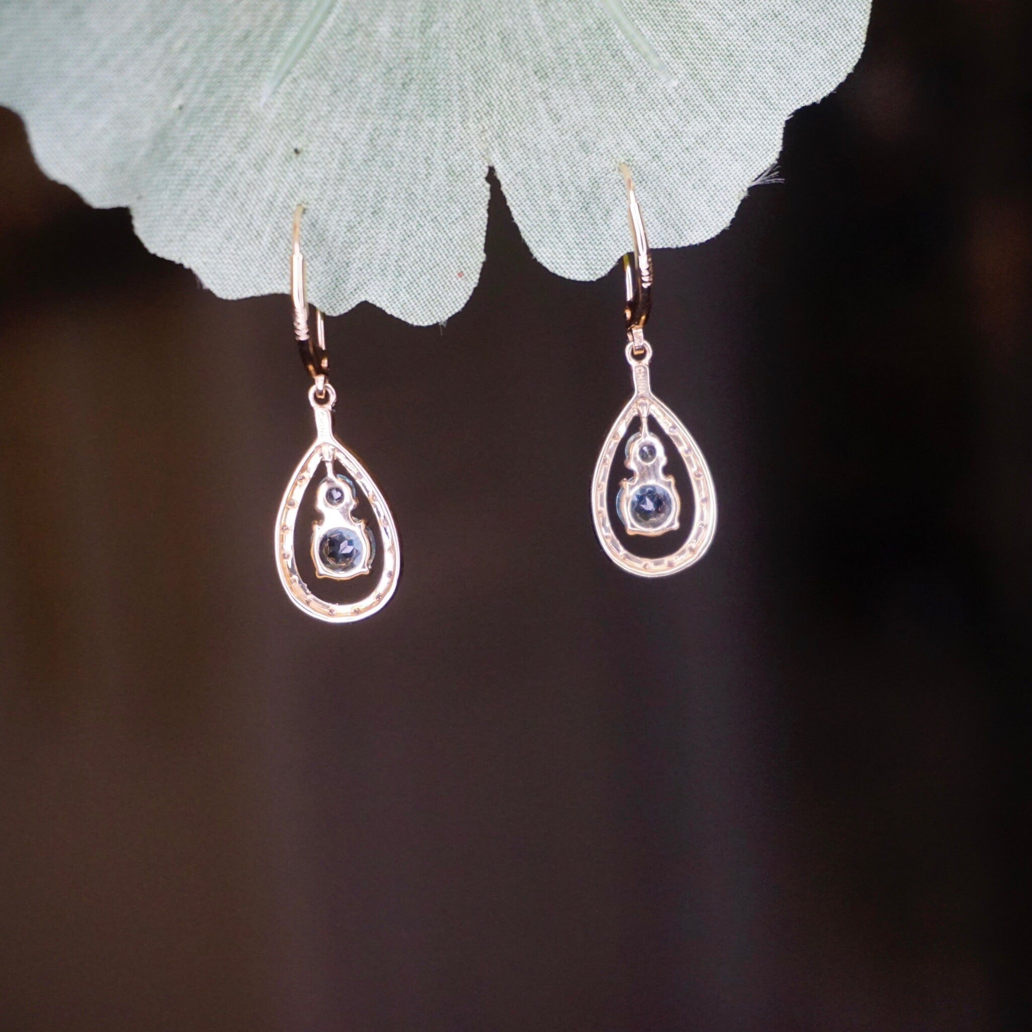 Vintage 14K Gold Tear Drop Earrings With Aquamarine and Accent Diamonds, Gold Drop Earrings With Light Blue Stone, Diamond Earrings