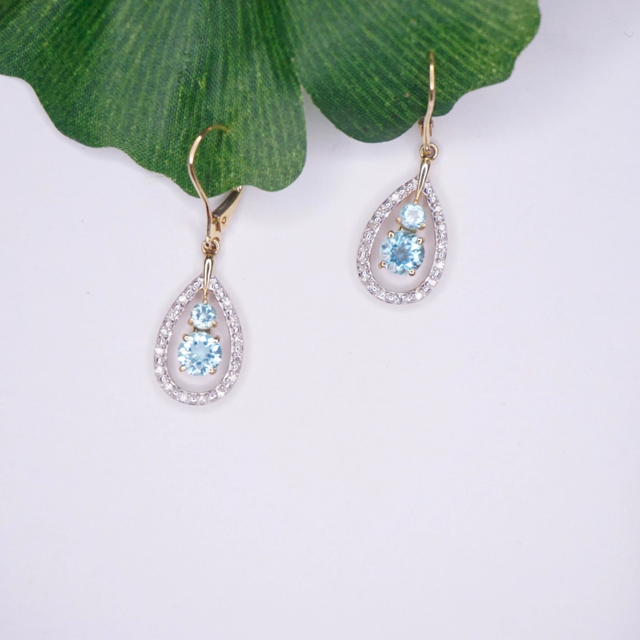 Vintage 14K Gold Tear Drop Earrings With Aquamarine and Accent Diamonds, Gold Drop Earrings With Light Blue Stone, Diamond Earrings