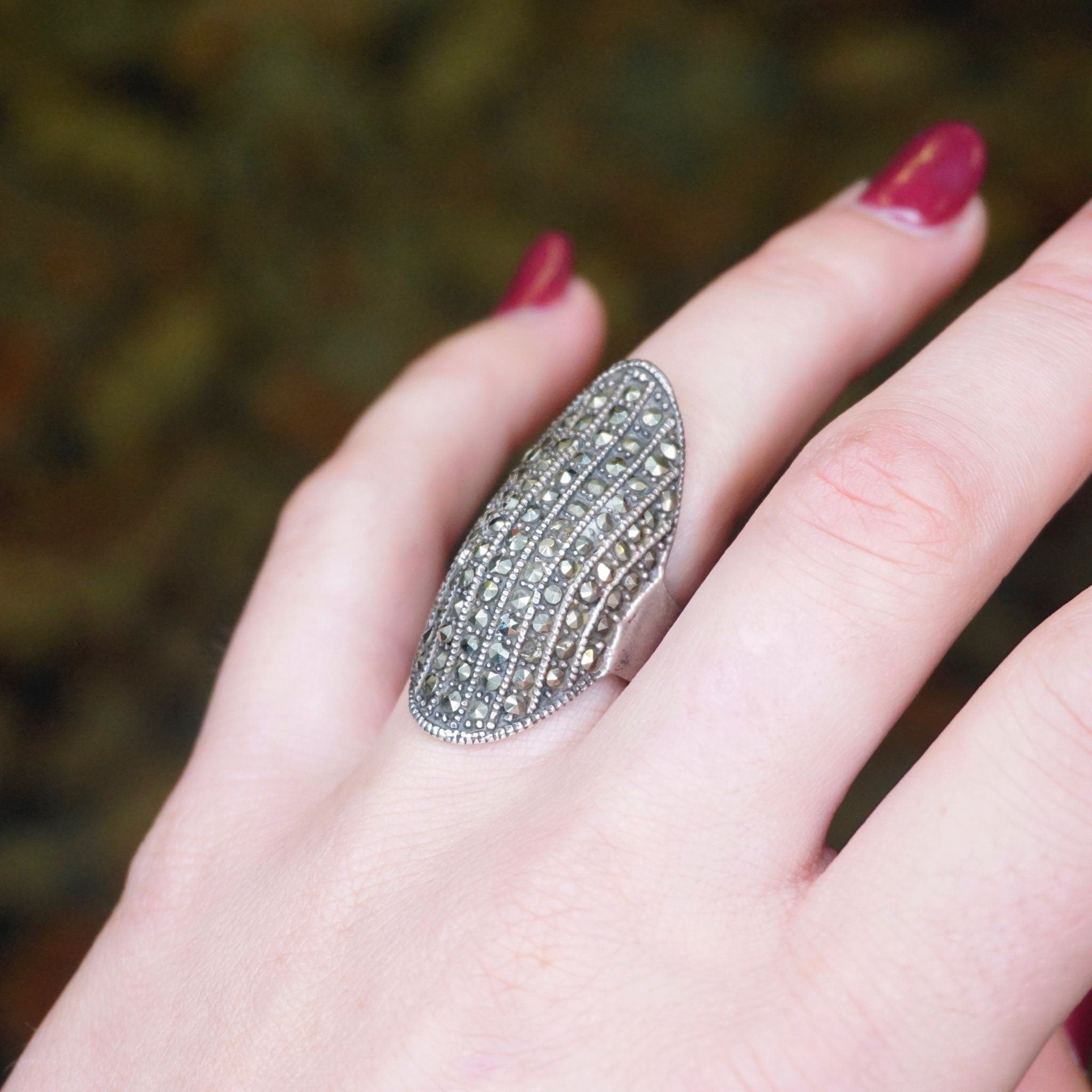 Vintage Marcasite Sterling Silver Knuckle Ring, Long Silver Ring Crusted In Marcasite, Unique Knuckle Ring With Marcasite Stones, 925