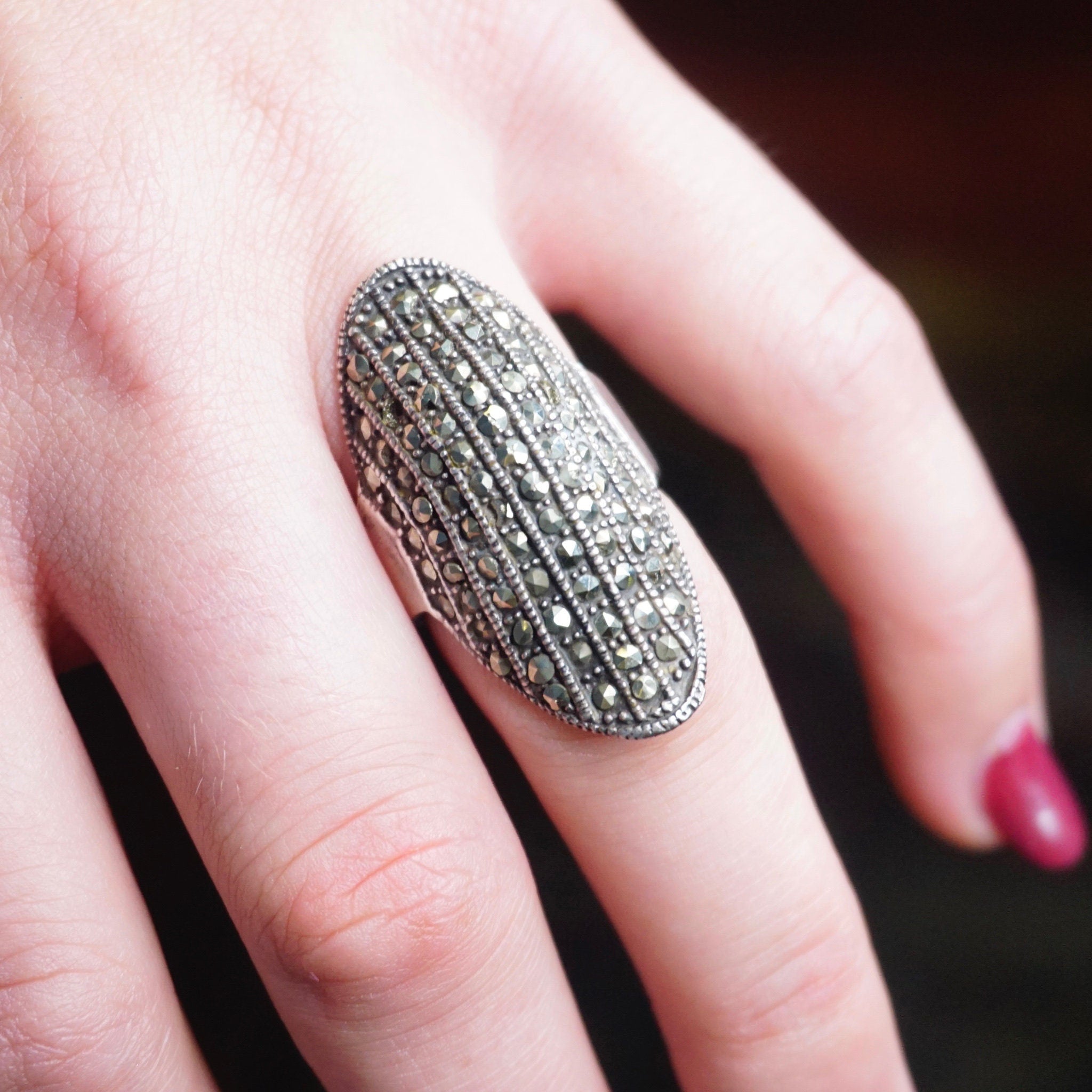 Vintage Marcasite Sterling Silver Knuckle Ring, Long Silver Ring Crusted In Marcasite, Unique Knuckle Ring With Marcasite Stones, 925