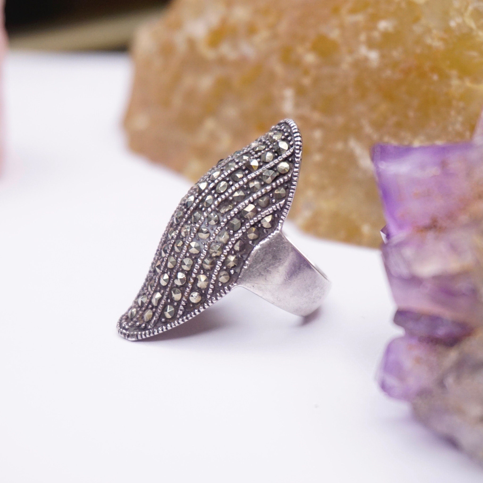 Vintage Marcasite Sterling Silver Knuckle Ring, Long Silver Ring Crusted In Marcasite, Unique Knuckle Ring With Marcasite Stones, 925