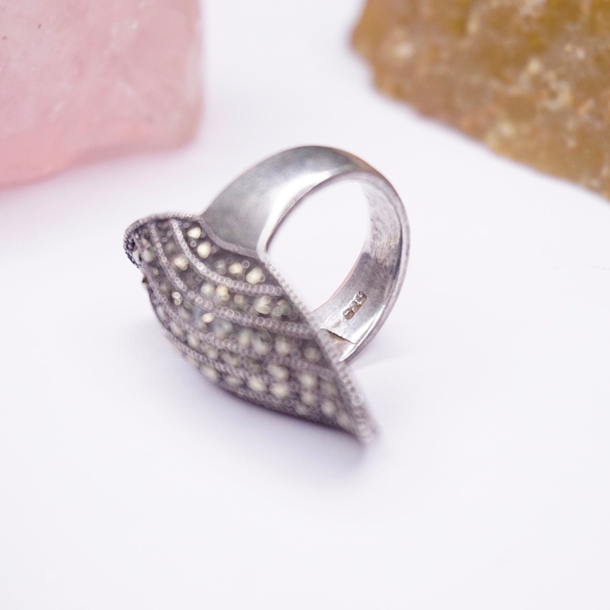 Vintage Marcasite Sterling Silver Knuckle Ring, Long Silver Ring Crusted In Marcasite, Unique Knuckle Ring With Marcasite Stones, 925