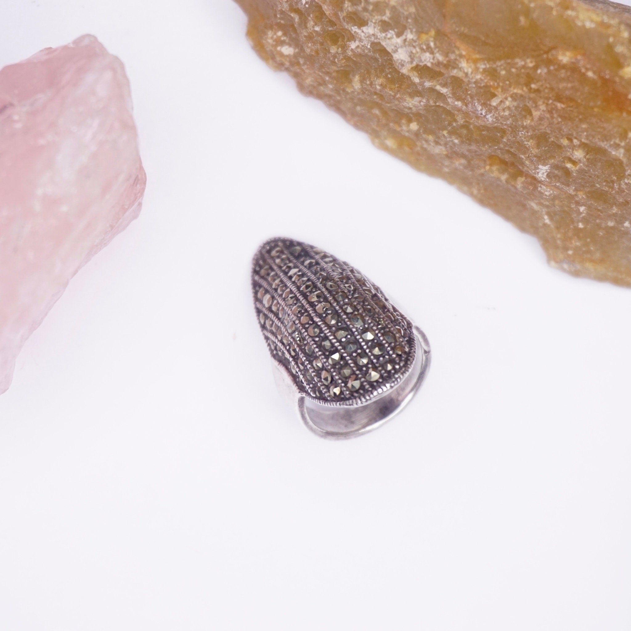 Vintage Marcasite Sterling Silver Knuckle Ring, Long Silver Ring Crusted In Marcasite, Unique Knuckle Ring With Marcasite Stones, 925