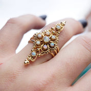 Vintage 14K Gold Opal Ring, Nouveau Style Long Finger Gold Ring With Opal Stones, Beautiful Embellished Gold Ring With Opalescent Stones