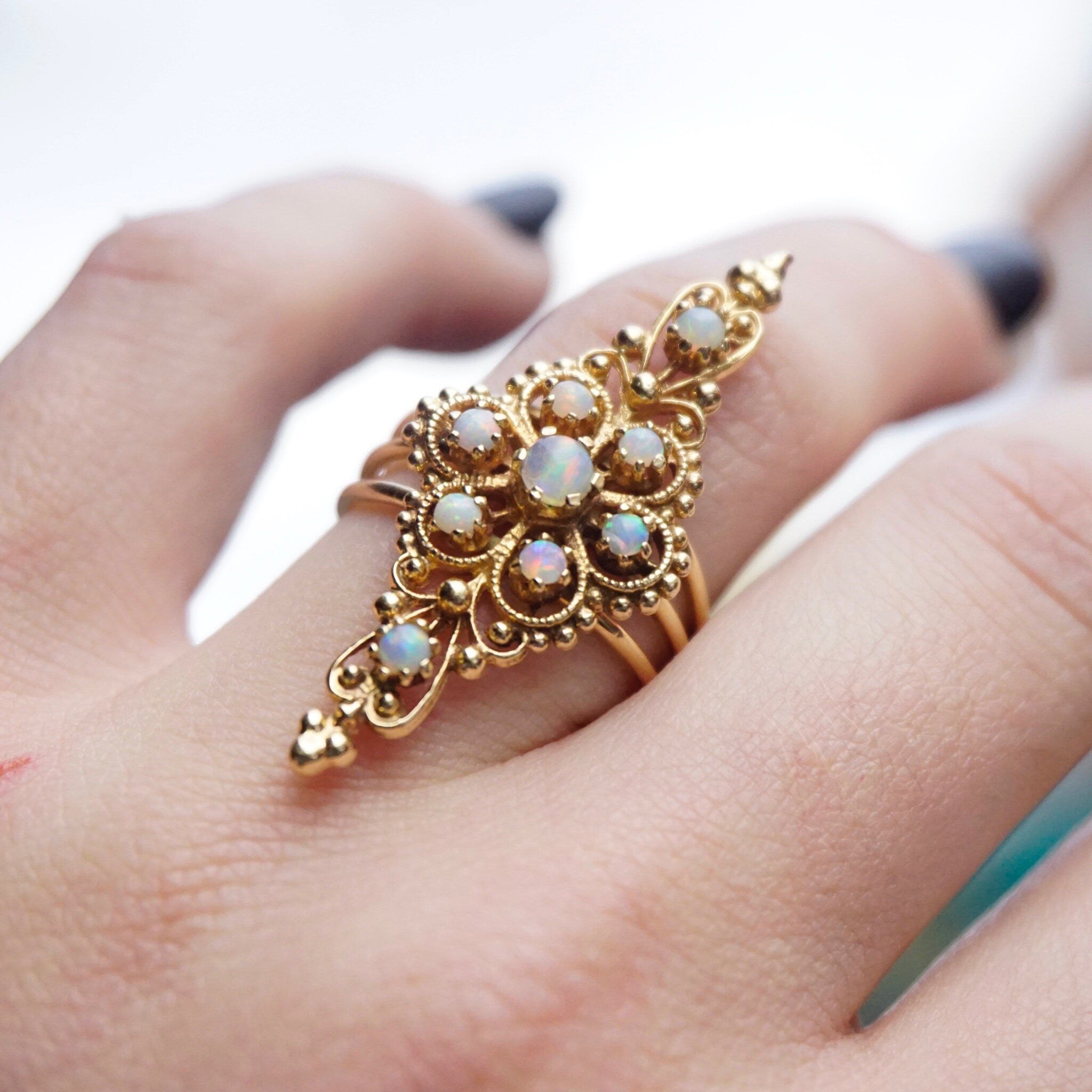 Vintage 14K Gold Opal Ring, Nouveau Style Long Finger Gold Ring With Opal Stones, Beautiful Embellished Gold Ring With Opalescent Stones