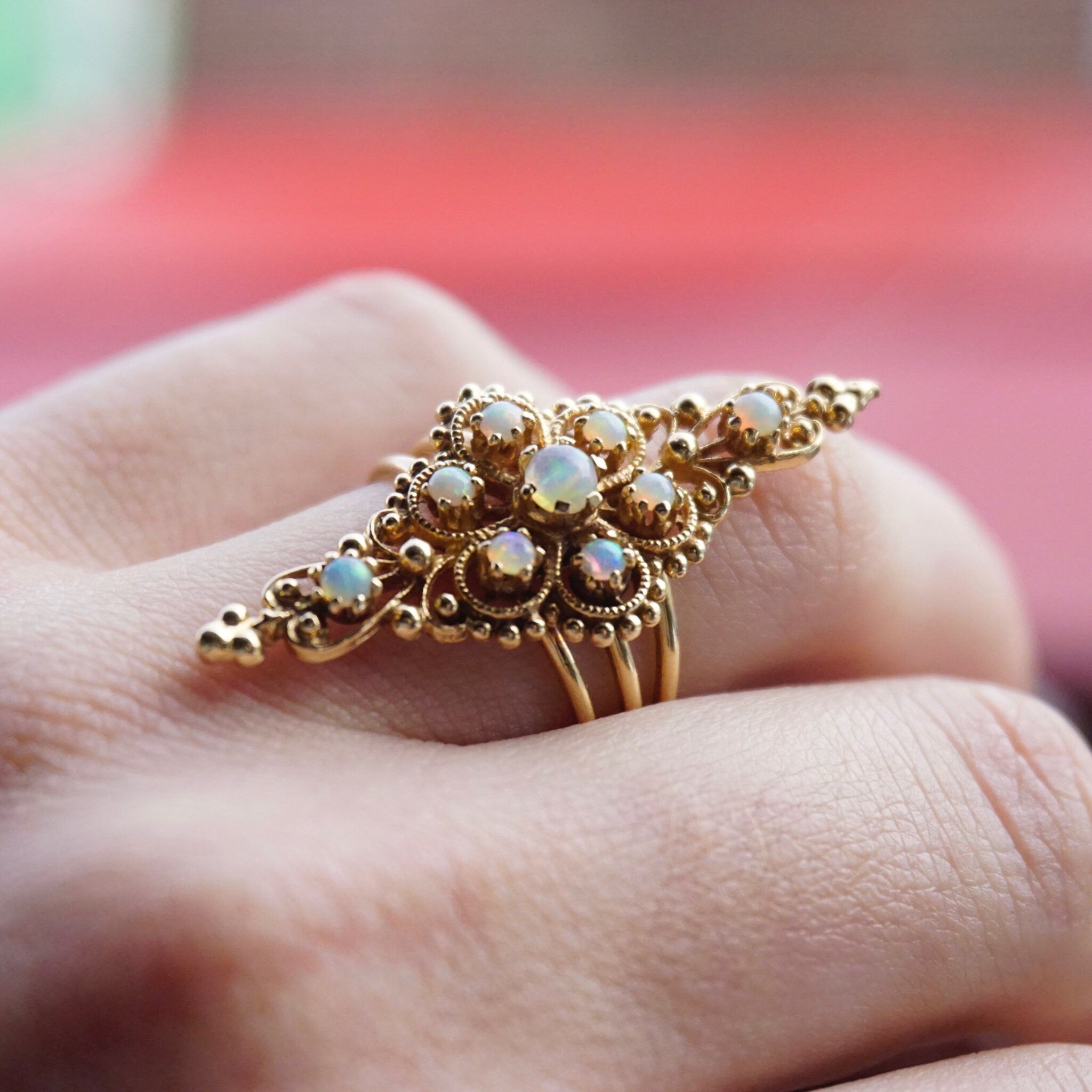 Vintage 14K Gold Opal Ring, Nouveau Style Long Finger Gold Ring With Opal Stones, Beautiful Embellished Gold Ring With Opalescent Stones
