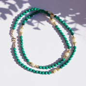 Vintage Malachite And Pearl Beaded Necklace, 14K Gold Filled Necklace With Malachite and Pearls, Long Beaded Necklace With Natural Pearls