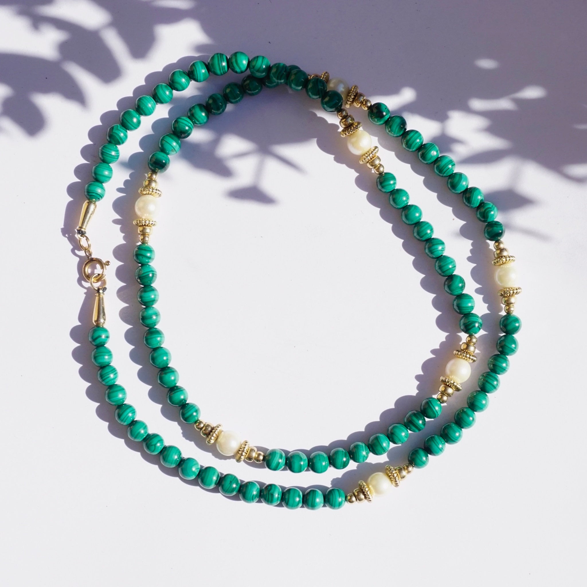 Vintage Malachite And Pearl Beaded Necklace, 14K Gold Filled Necklace With Malachite and Pearls, Long Beaded Necklace With Natural Pearls