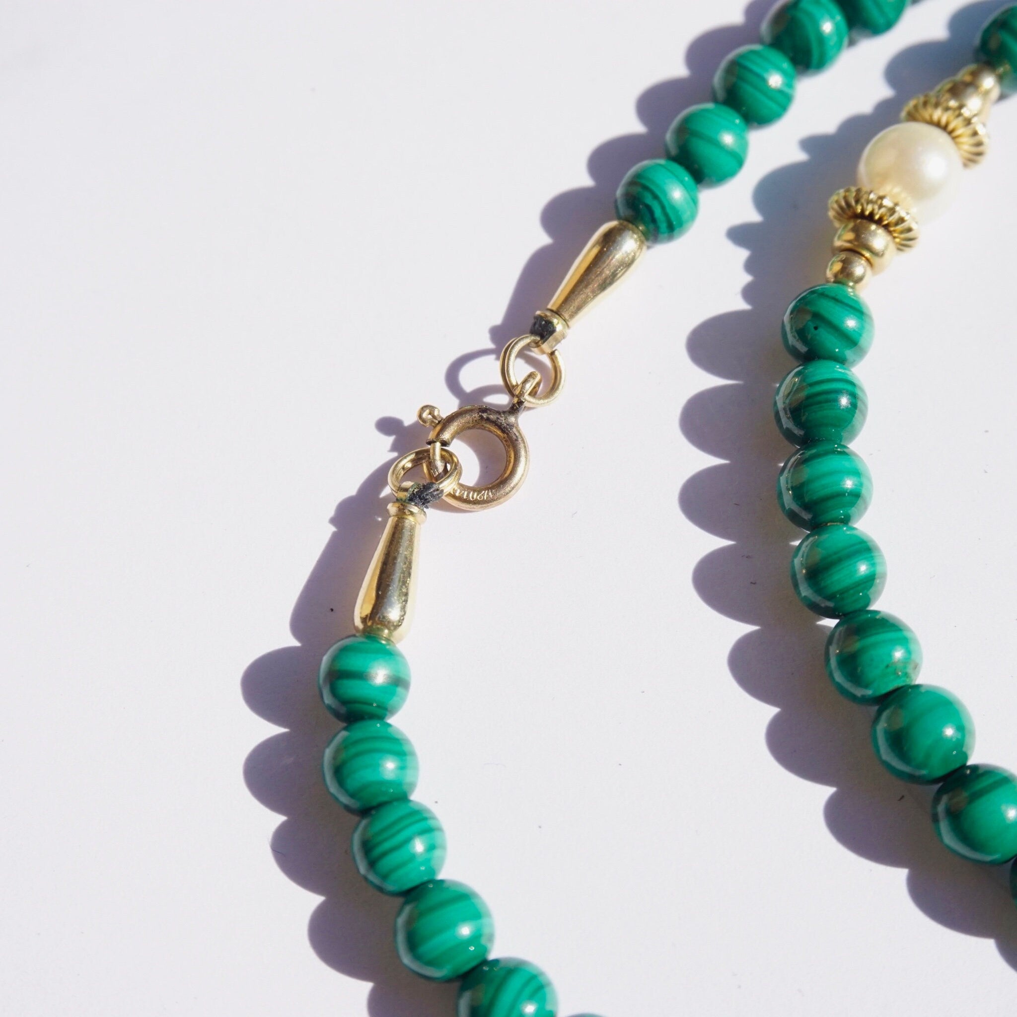 Vintage Malachite And Pearl Beaded Necklace, 14K Gold Filled Necklace With Malachite and Pearls, Long Beaded Necklace With Natural Pearls