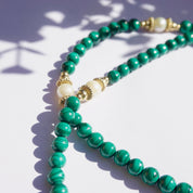 Vintage Malachite And Pearl Beaded Necklace, 14K Gold Filled Necklace With Malachite and Pearls, Long Beaded Necklace With Natural Pearls