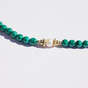 Vintage Malachite And Pearl Beaded Necklace, 14K Gold Filled Necklace With Malachite and Pearls, Long Beaded Necklace With Natural Pearls