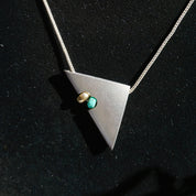 Vintage Silver Necklace With Unique Triangle Pendant, Silver Pendant With Turquoise and Gold Bead, Silver Rope Chain, Abstract Jewelry, 925