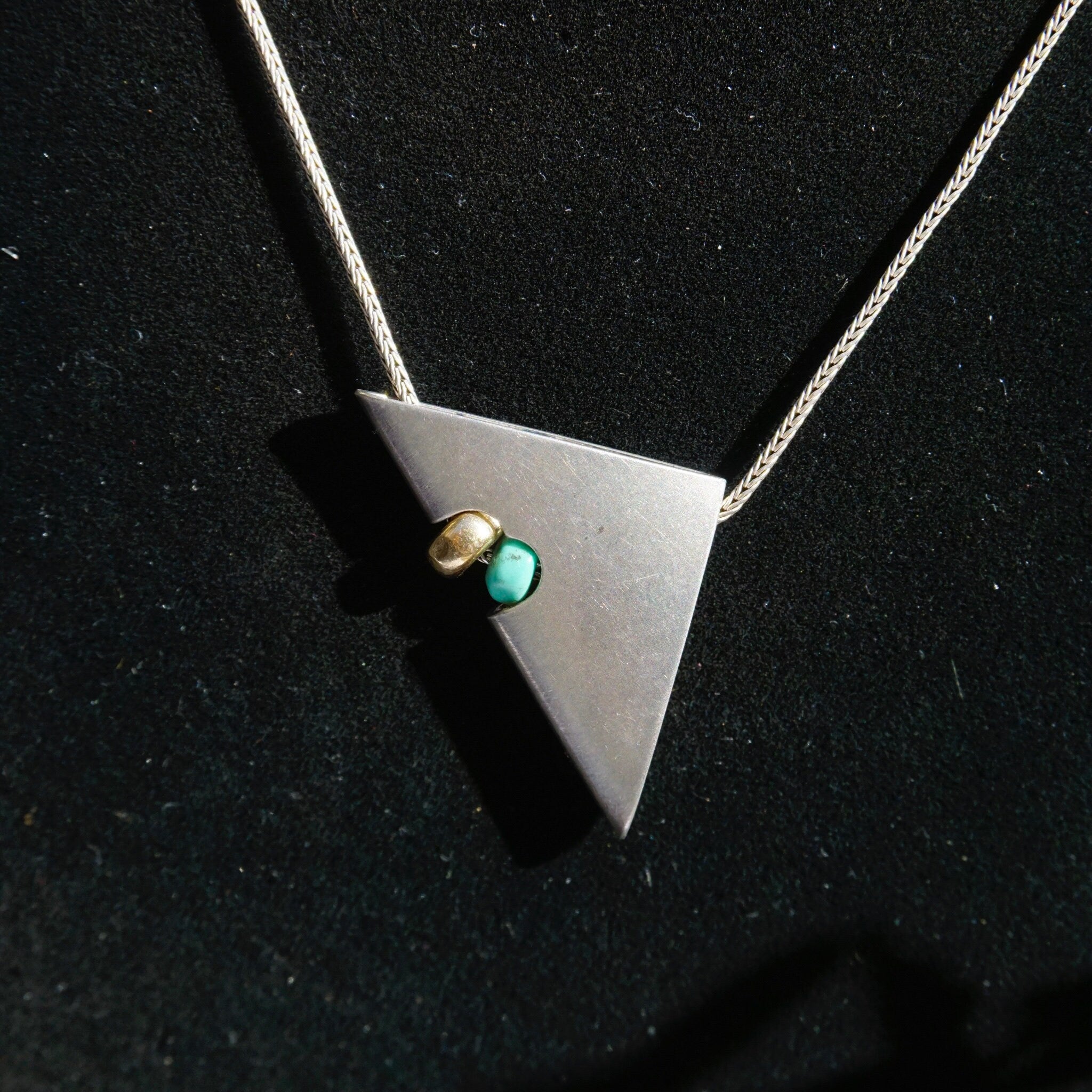 Vintage Silver Necklace With Unique Triangle Pendant, Silver Pendant With Turquoise and Gold Bead, Silver Rope Chain, Abstract Jewelry, 925