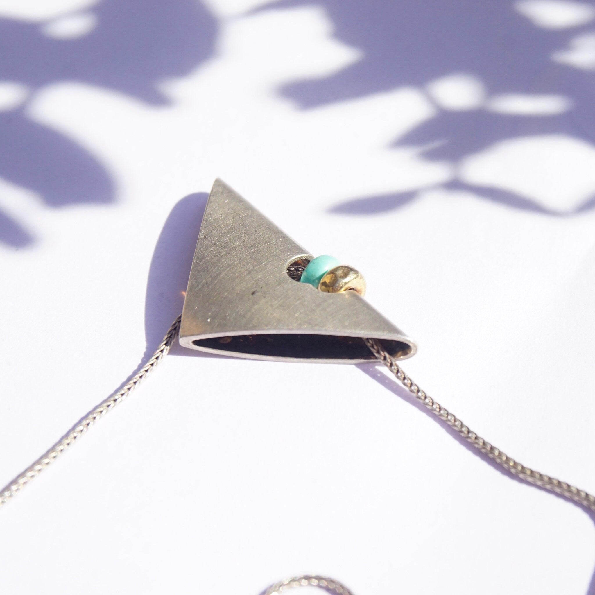 Vintage Silver Necklace With Unique Triangle Pendant, Silver Pendant With Turquoise and Gold Bead, Silver Rope Chain, Abstract Jewelry, 925