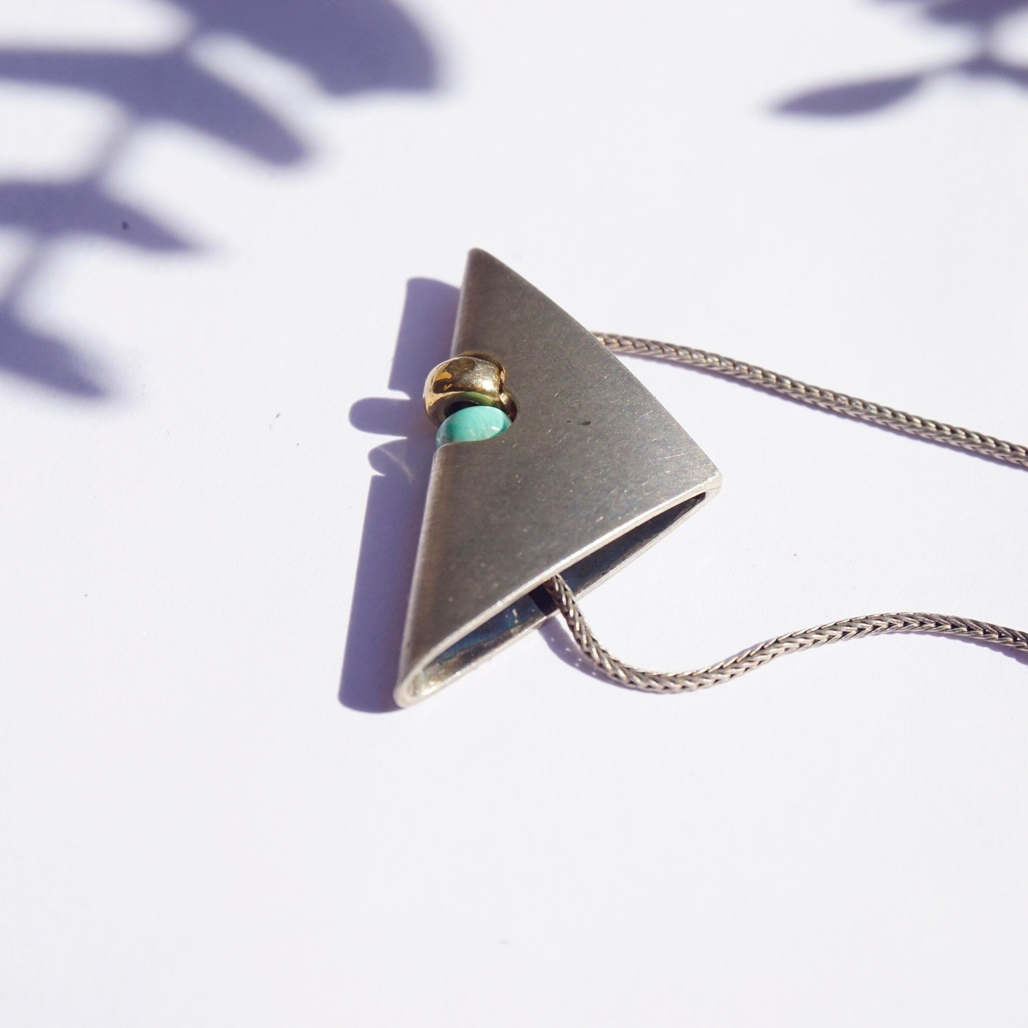 Vintage Silver Necklace With Unique Triangle Pendant, Silver Pendant With Turquoise and Gold Bead, Silver Rope Chain, Abstract Jewelry, 925