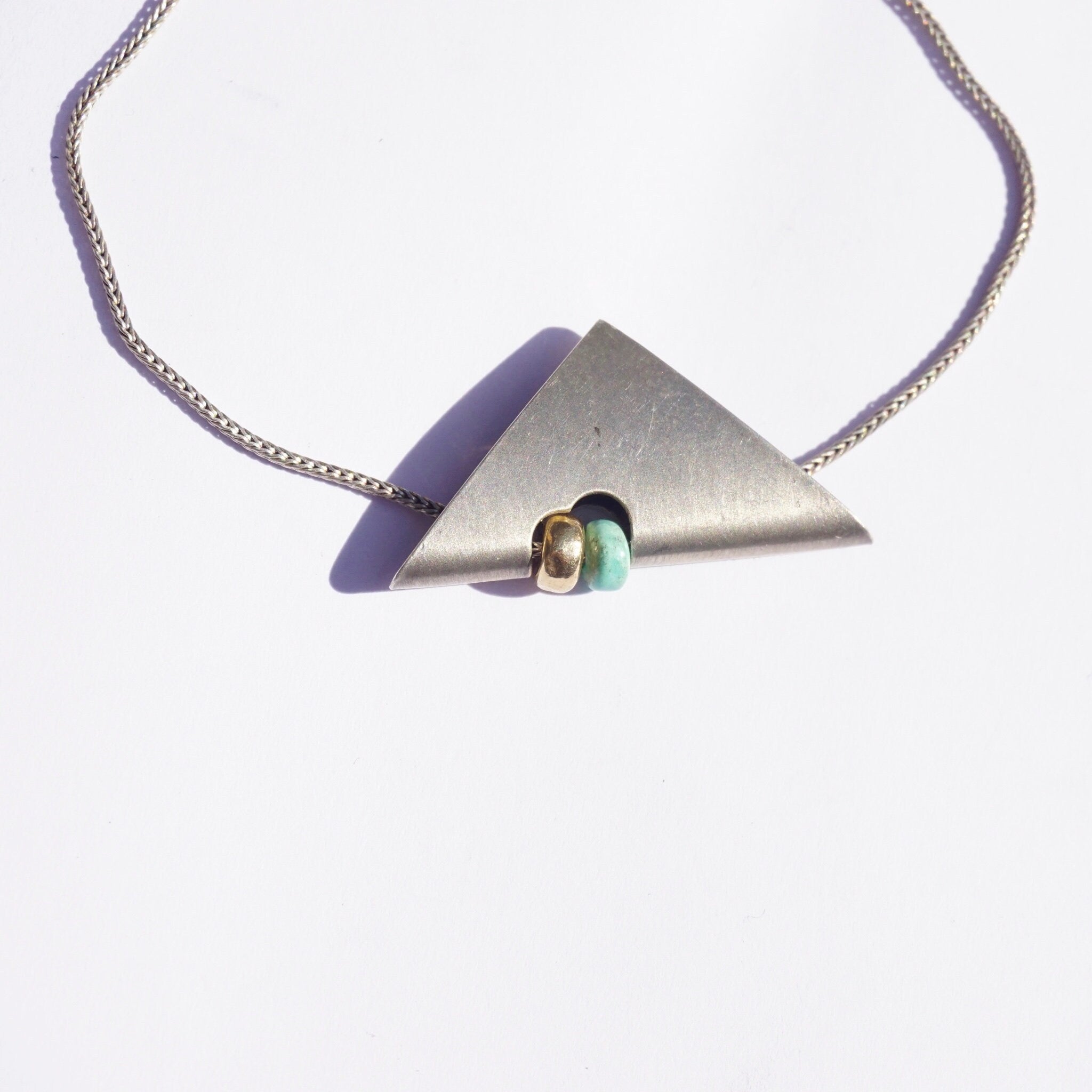 Vintage Silver Necklace With Unique Triangle Pendant, Silver Pendant With Turquoise and Gold Bead, Silver Rope Chain, Abstract Jewelry, 925
