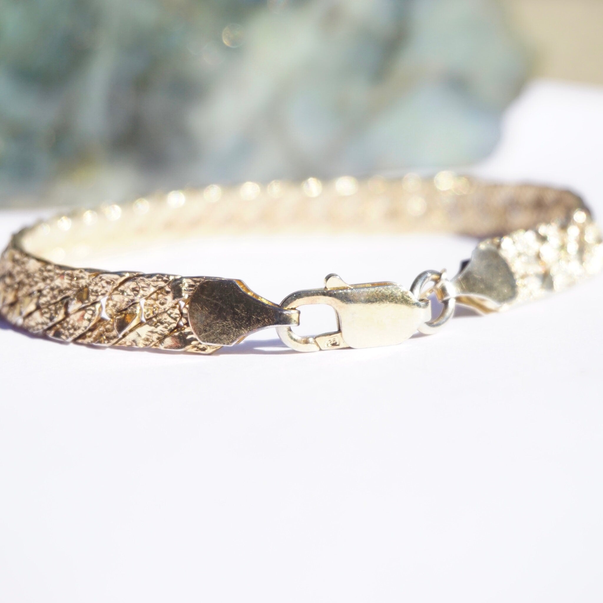 Vintage Sterling Silver Gold Nugget Curb Chain Bracelet, Gold Toned Silver Bracelet, Gold Nugget Chain Bracelet, 925 Jewelry