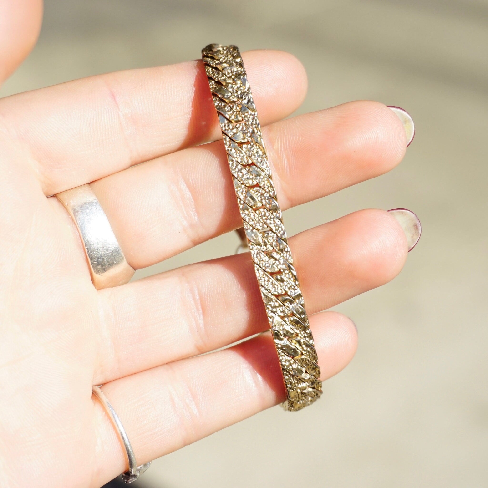 Vintage Sterling Silver Gold Nugget Curb Chain Bracelet, Gold Toned Silver Bracelet, Gold Nugget Chain Bracelet, 925 Jewelry