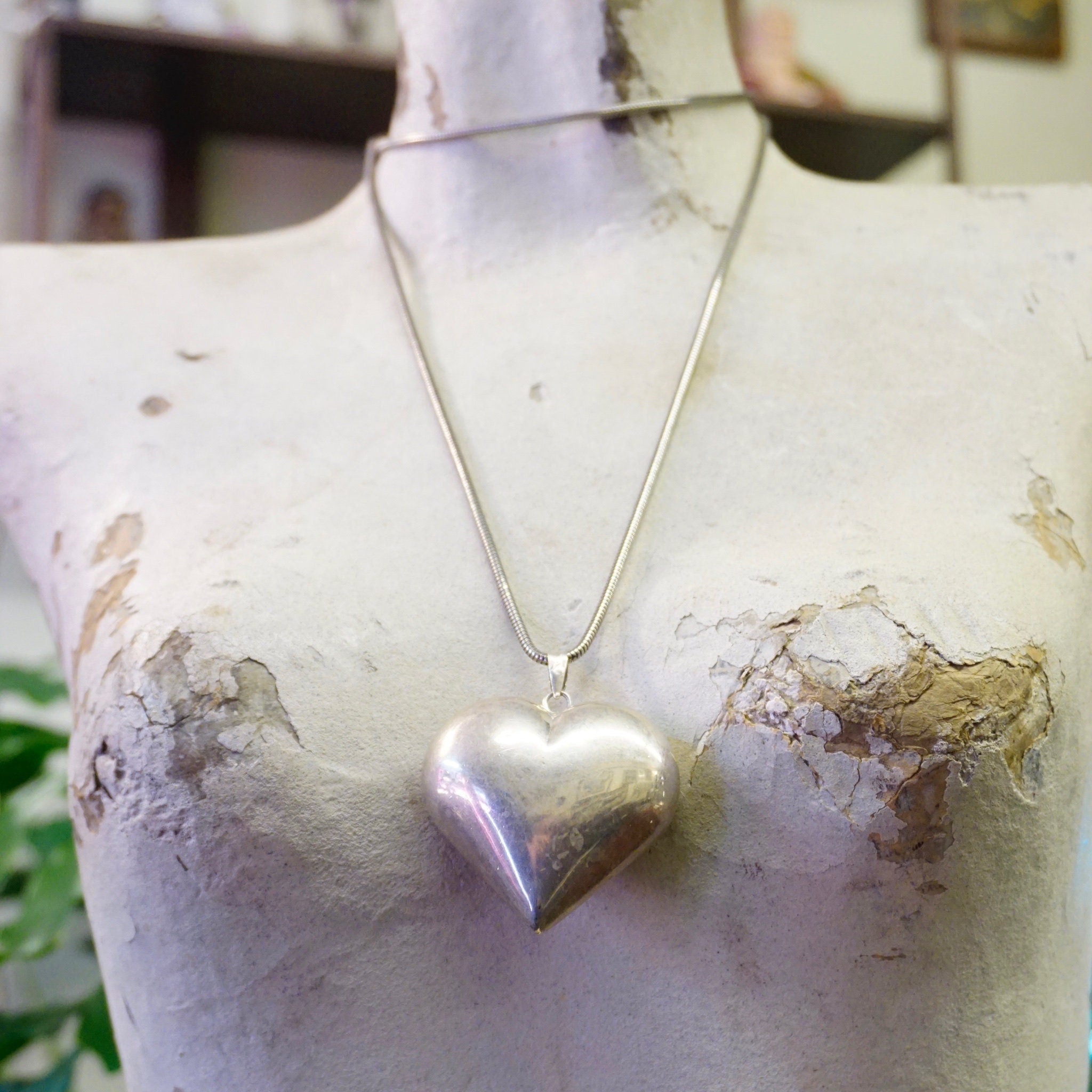Vintage Silver Heart Necklace, Silver Rope Chain Necklace With Large Heart Pendant, Statement Necklace, 925 Jewelry