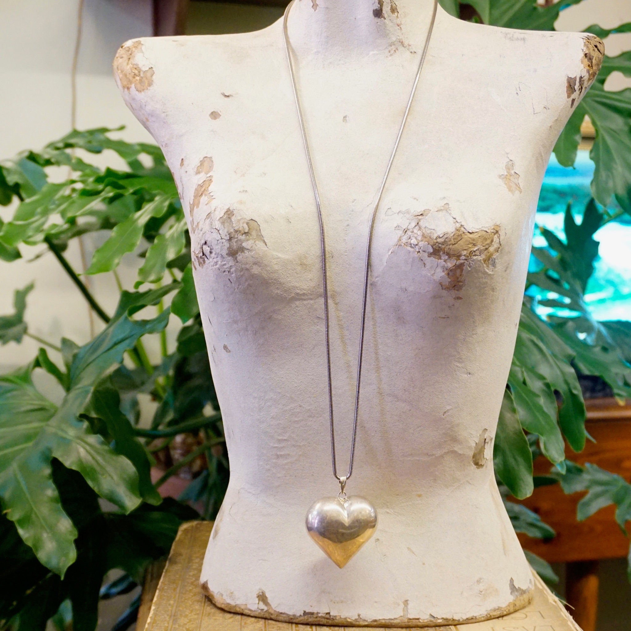 Vintage Silver Heart Necklace, Silver Rope Chain Necklace With Large Heart Pendant, Statement Necklace, 925 Jewelry