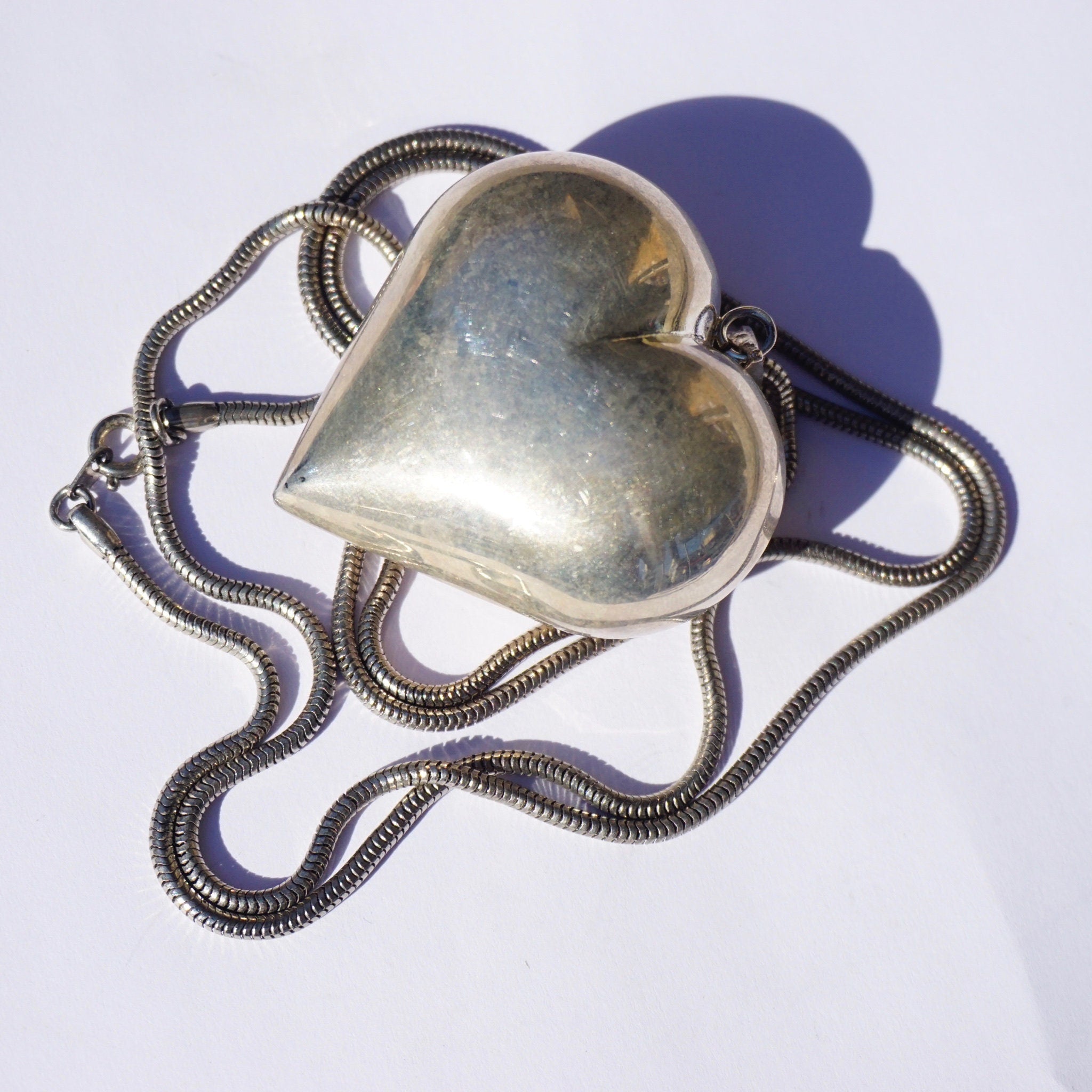 Vintage Silver Heart Necklace, Silver Rope Chain Necklace With Large Heart Pendant, Statement Necklace, 925 Jewelry
