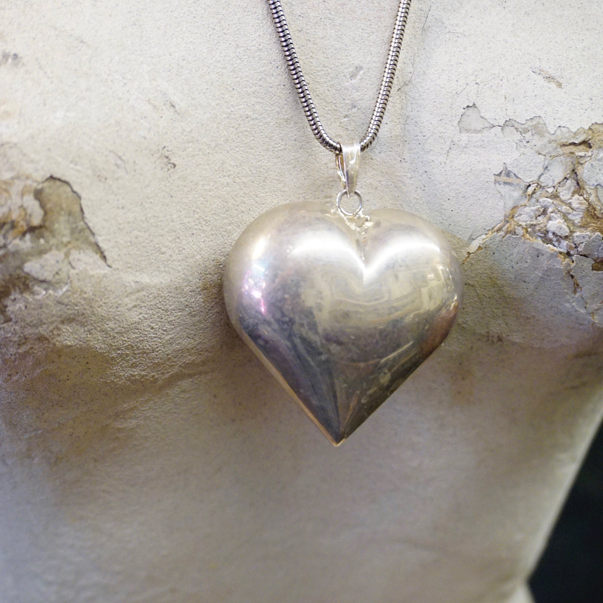 Vintage Silver Heart Necklace, Silver Rope Chain Necklace With Large Heart Pendant, Statement Necklace, 925 Jewelry
