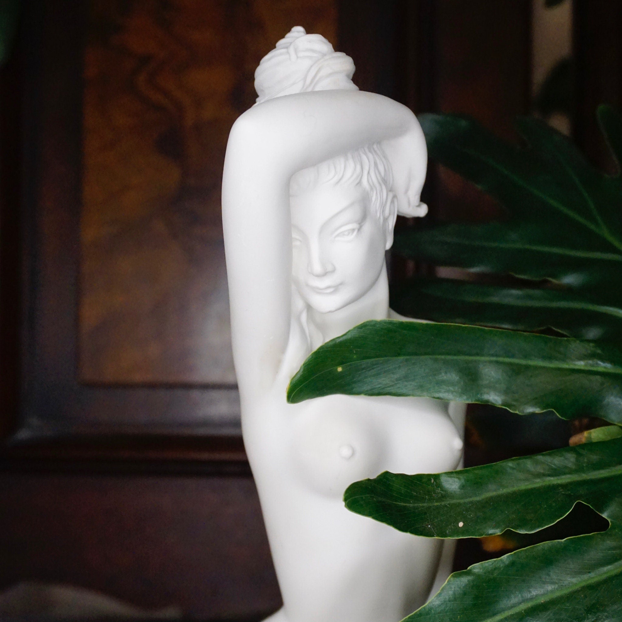 Vintage Nude Lady Figure Statue, Small White Statue Of A Naked Women Sitting With Arm Raised, Beautiful Nude Female Figure Sculpture,