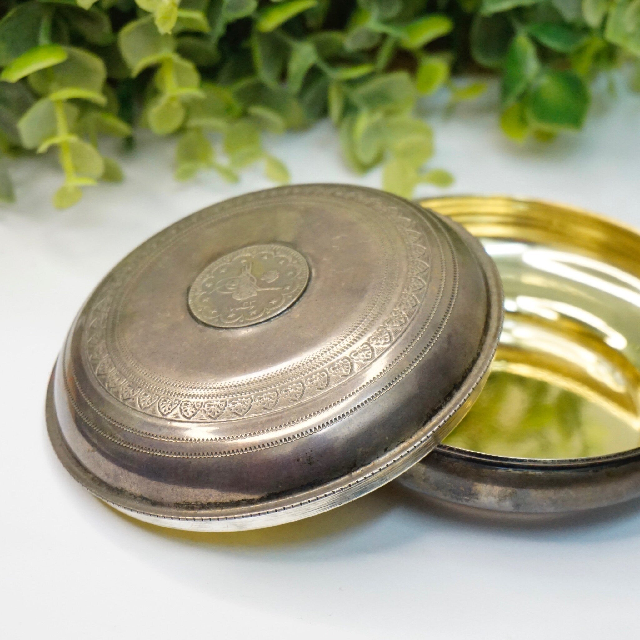 Vintage Sterling Silver Container With Gold Toned Inside, Silver Catchall With Etched Symbols, Small Circular Silver Jar With Lid, MK 925