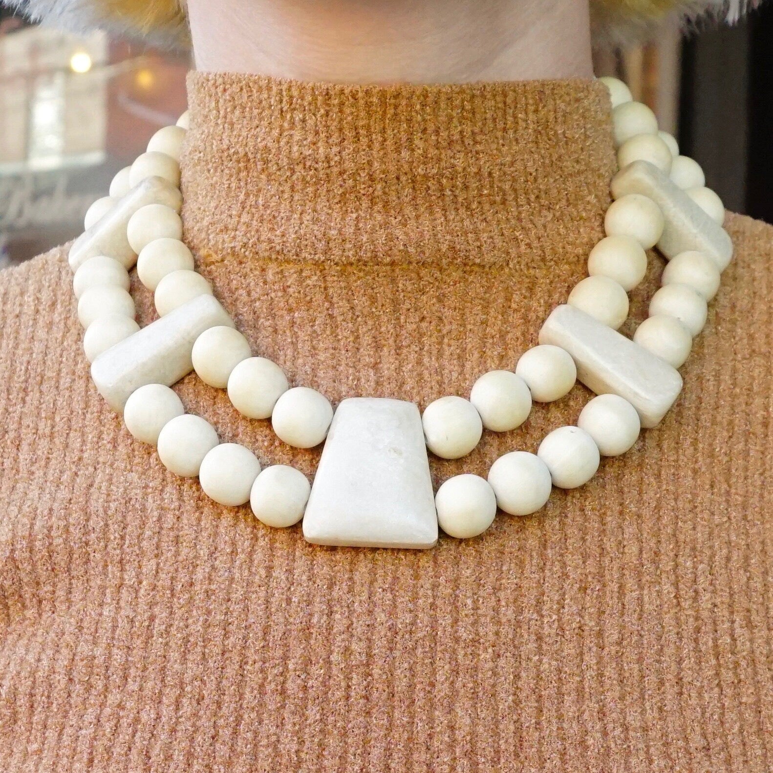 Vintage Gerda Lynggard Monies Chunky Wooden Necklace, Two Strand Wood and Stone Bead Collar Necklace, Mid Century Beaded Necklace
