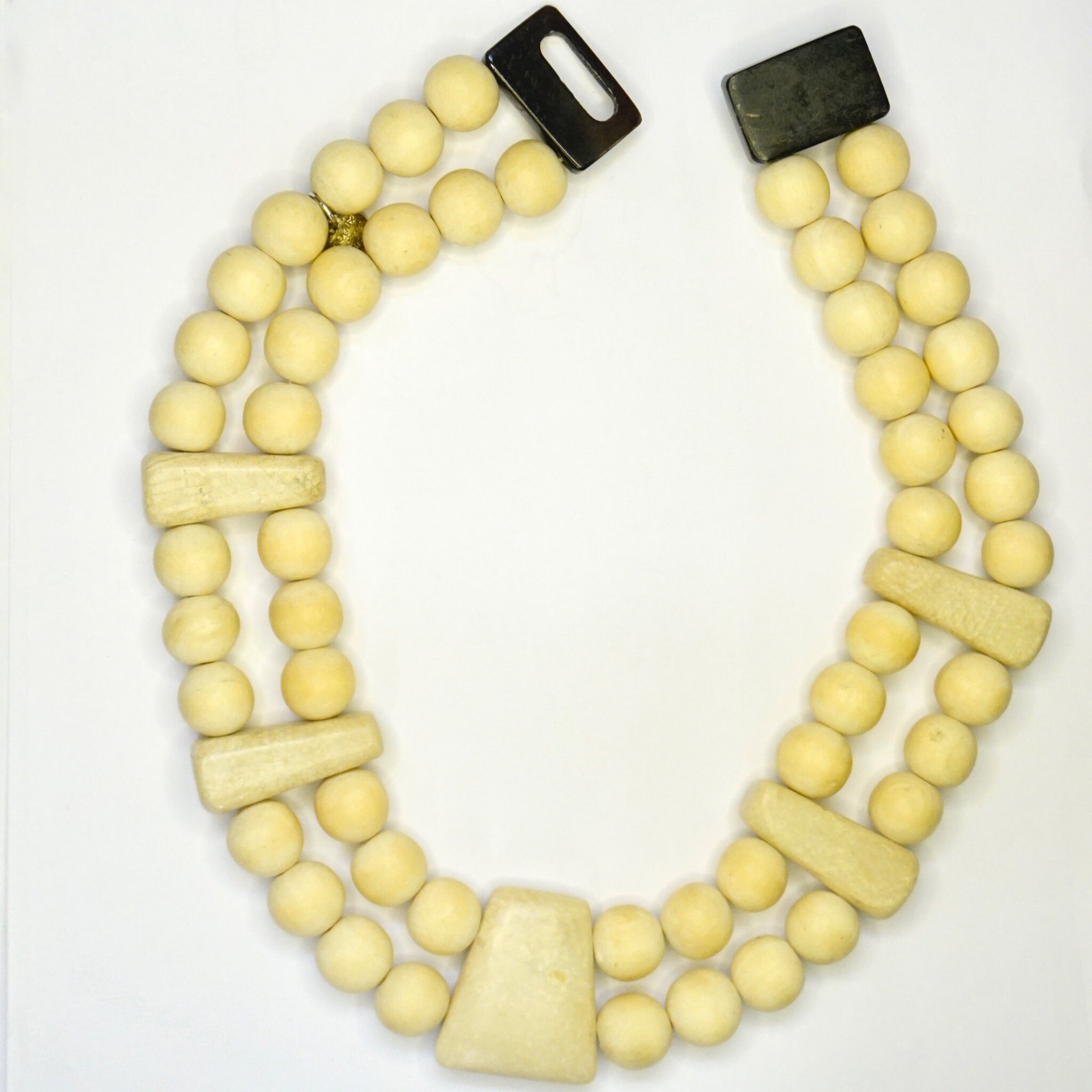 Vintage Gerda Lynggard Monies Chunky Wooden Necklace, Two Strand Wood and Stone Bead Collar Necklace, Mid Century Beaded Necklace