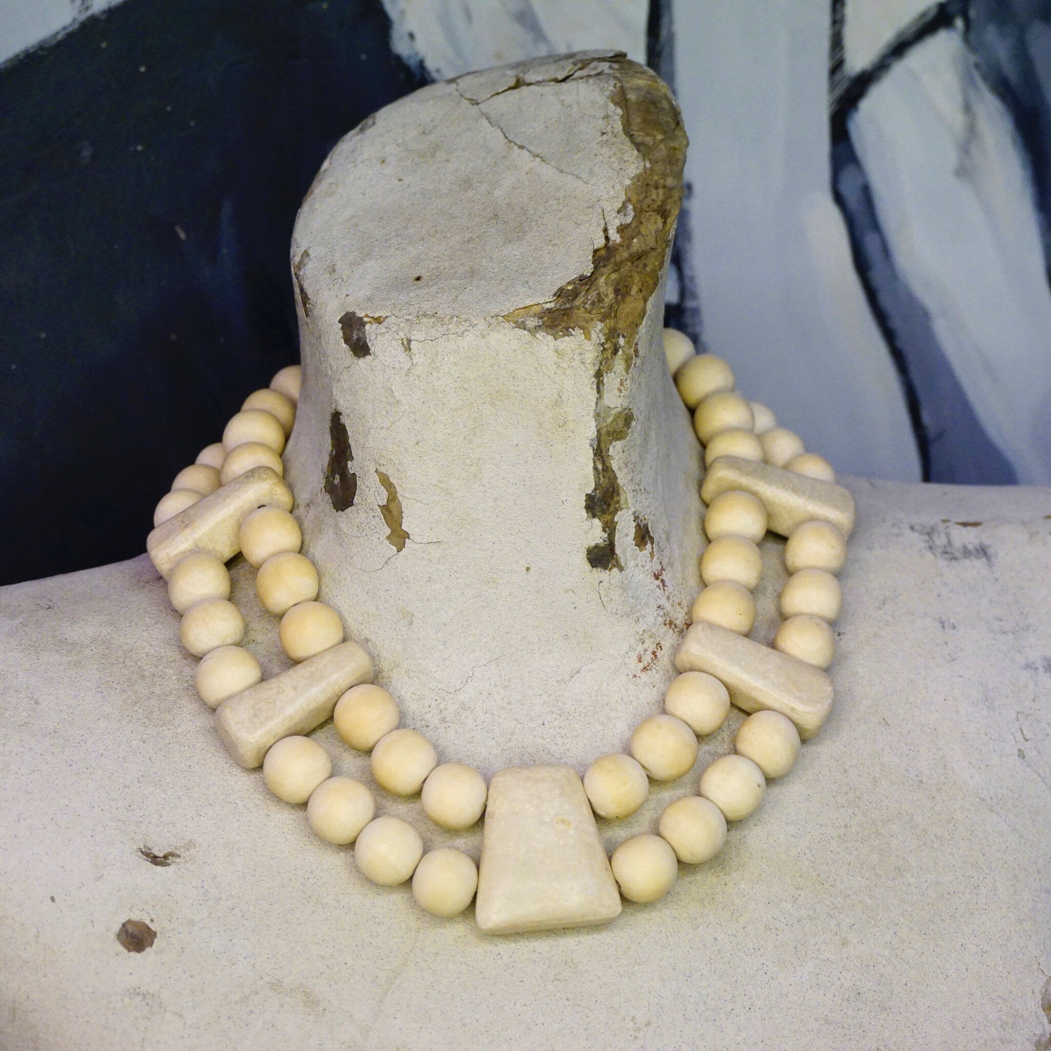 Vintage Gerda Lynggard Monies Chunky Wooden Necklace, Two Strand Wood and Stone Bead Collar Necklace, Mid Century Beaded Necklace