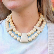 Vintage Gerda Lynggard Monies Chunky Wooden Necklace, Two Strand Wood and Stone Bead Collar Necklace, Mid Century Beaded Necklace