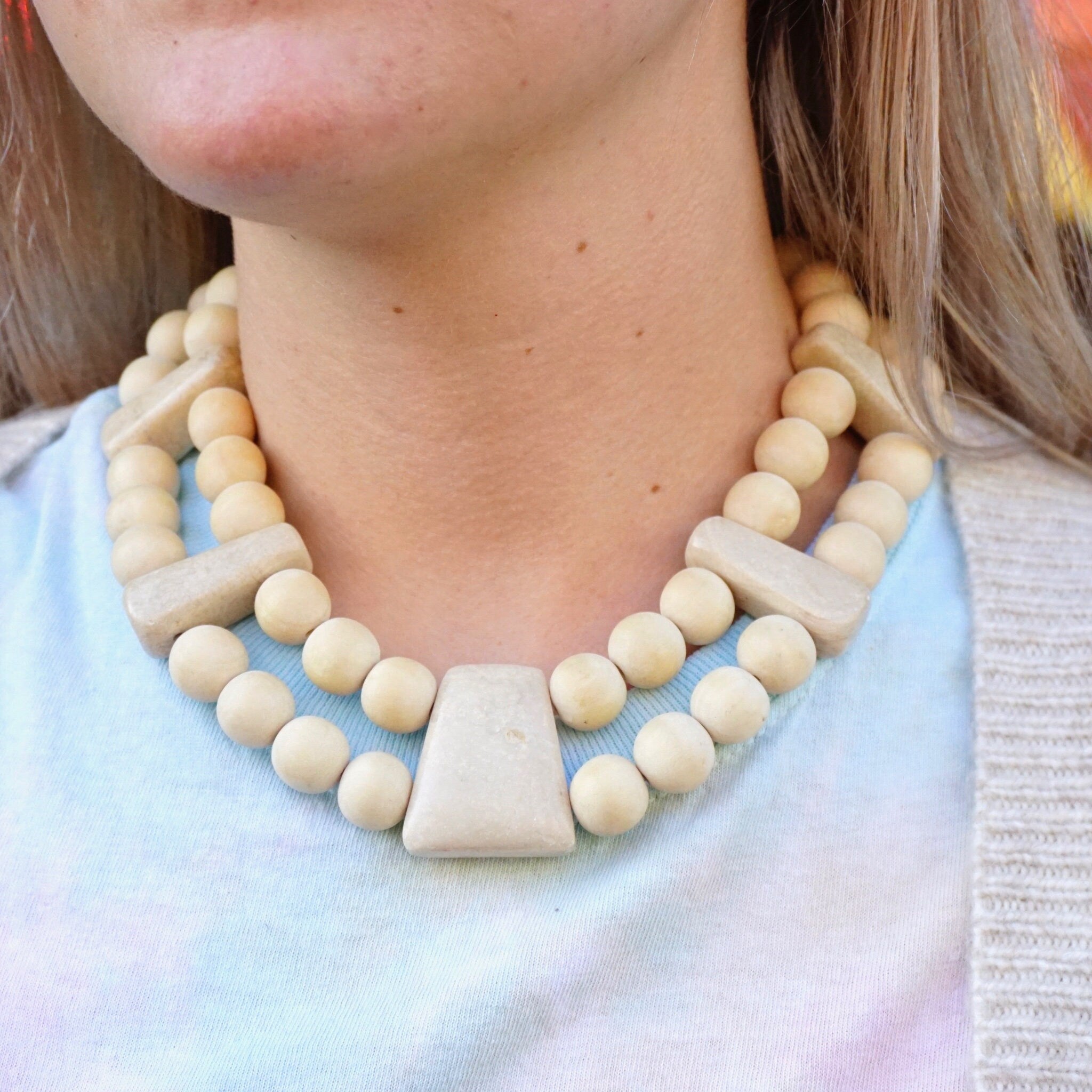 Vintage Gerda Lynggard Monies Chunky Wooden Necklace, Two Strand Wood and Stone Bead Collar Necklace, Mid Century Beaded Necklace