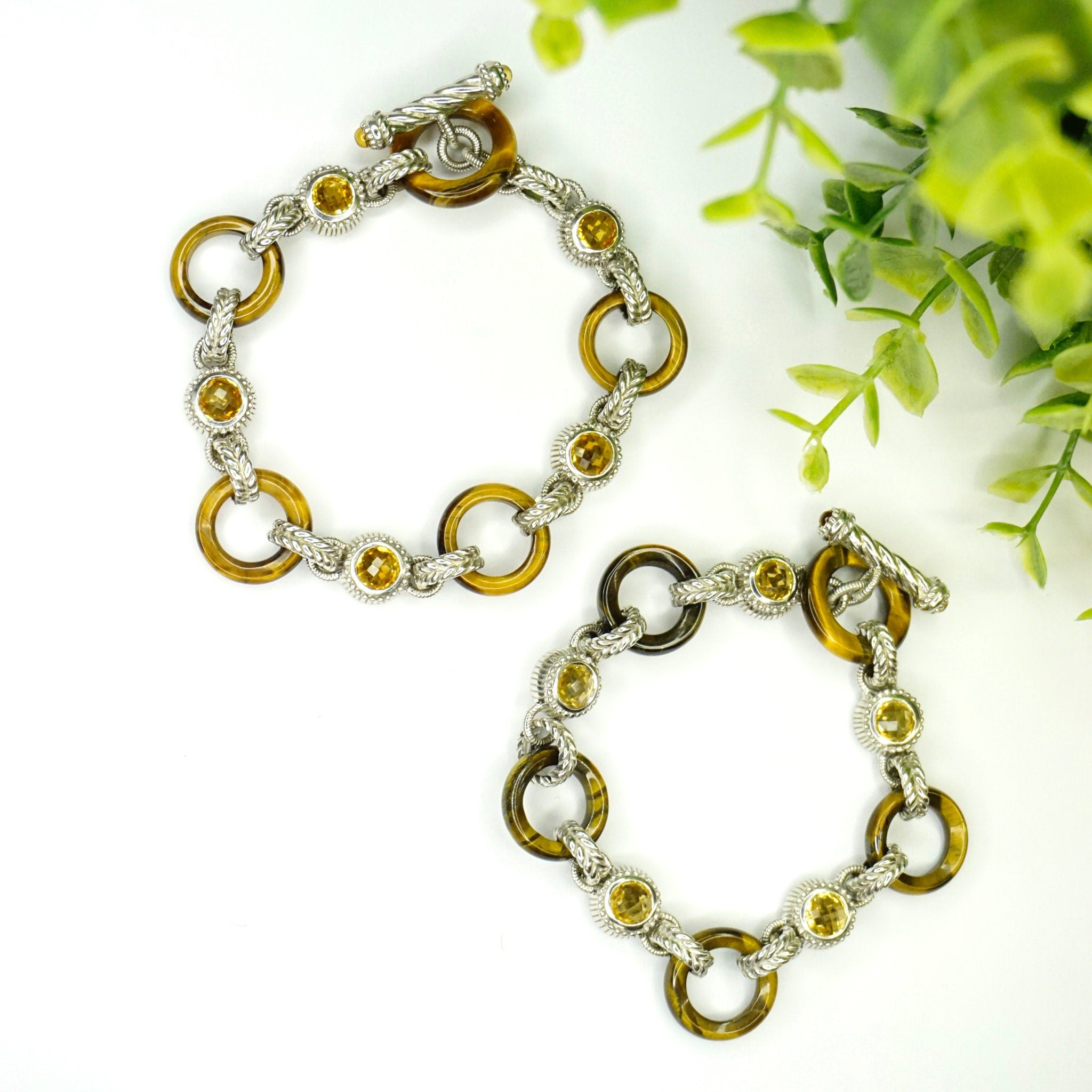 Vintage Judith Ripka Sterling Silver Tigers Eye Citrine Bracelet, Silver Fleur De Lis Link Bracelet With Citrine Stones, 925 Jewelry