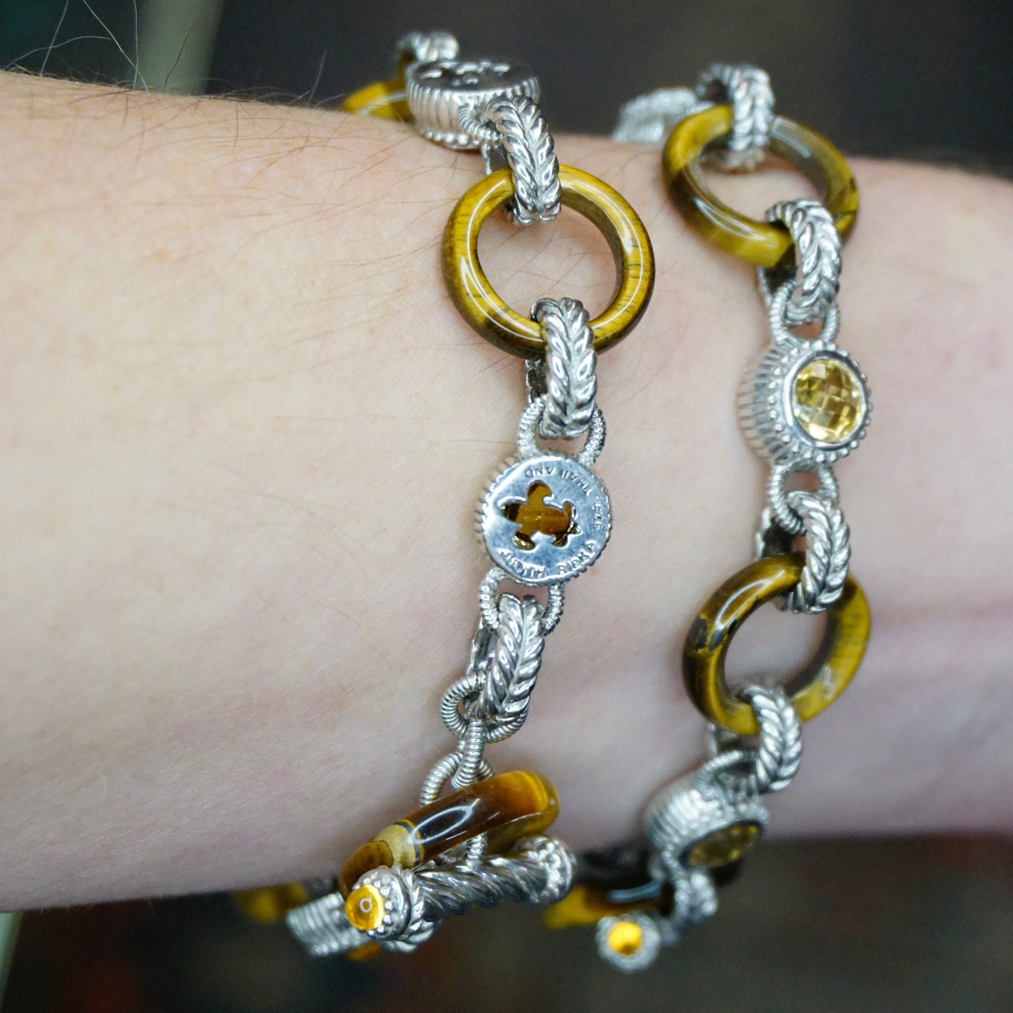 Vintage Judith Ripka Sterling Silver Tigers Eye Citrine Bracelet, Silver Fleur De Lis Link Bracelet With Citrine Stones, 925 Jewelry