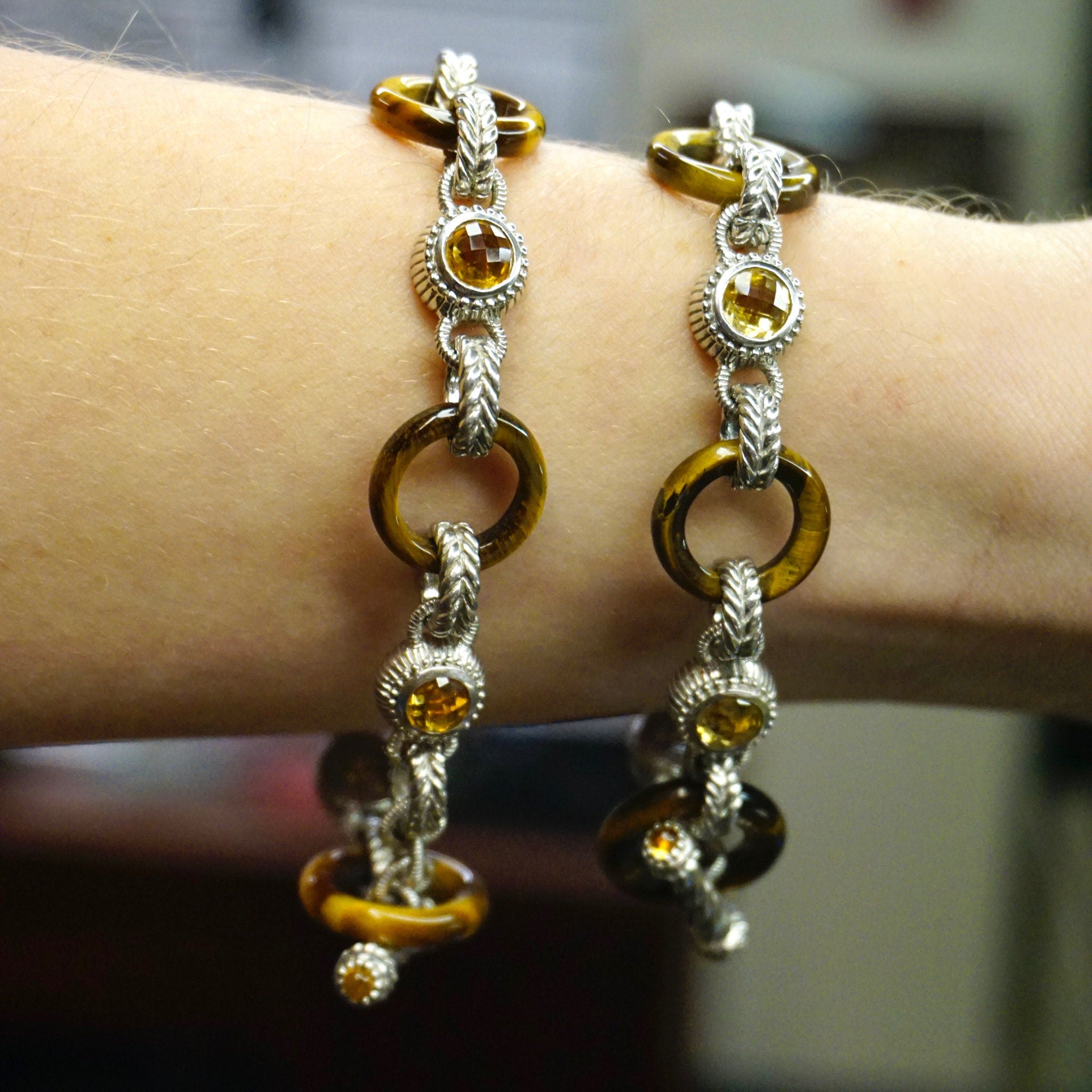 Vintage Judith Ripka Sterling Silver Tigers Eye Citrine Bracelet, Silver Fleur De Lis Link Bracelet With Citrine Stones, 925 Jewelry