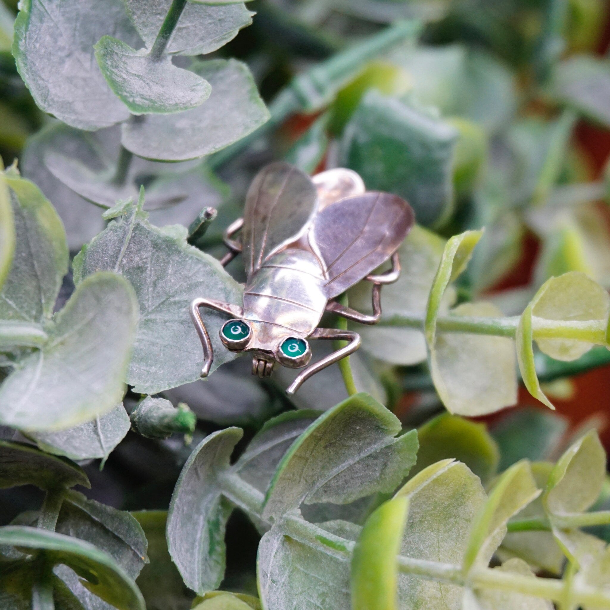 Vintage Peggy Johnson Insect Brooch, Sterling Silver Fly Brooch With Green Stone Eyes, Unique Bug Pin, Artisan Brooch, Nature Jewelry, 925
