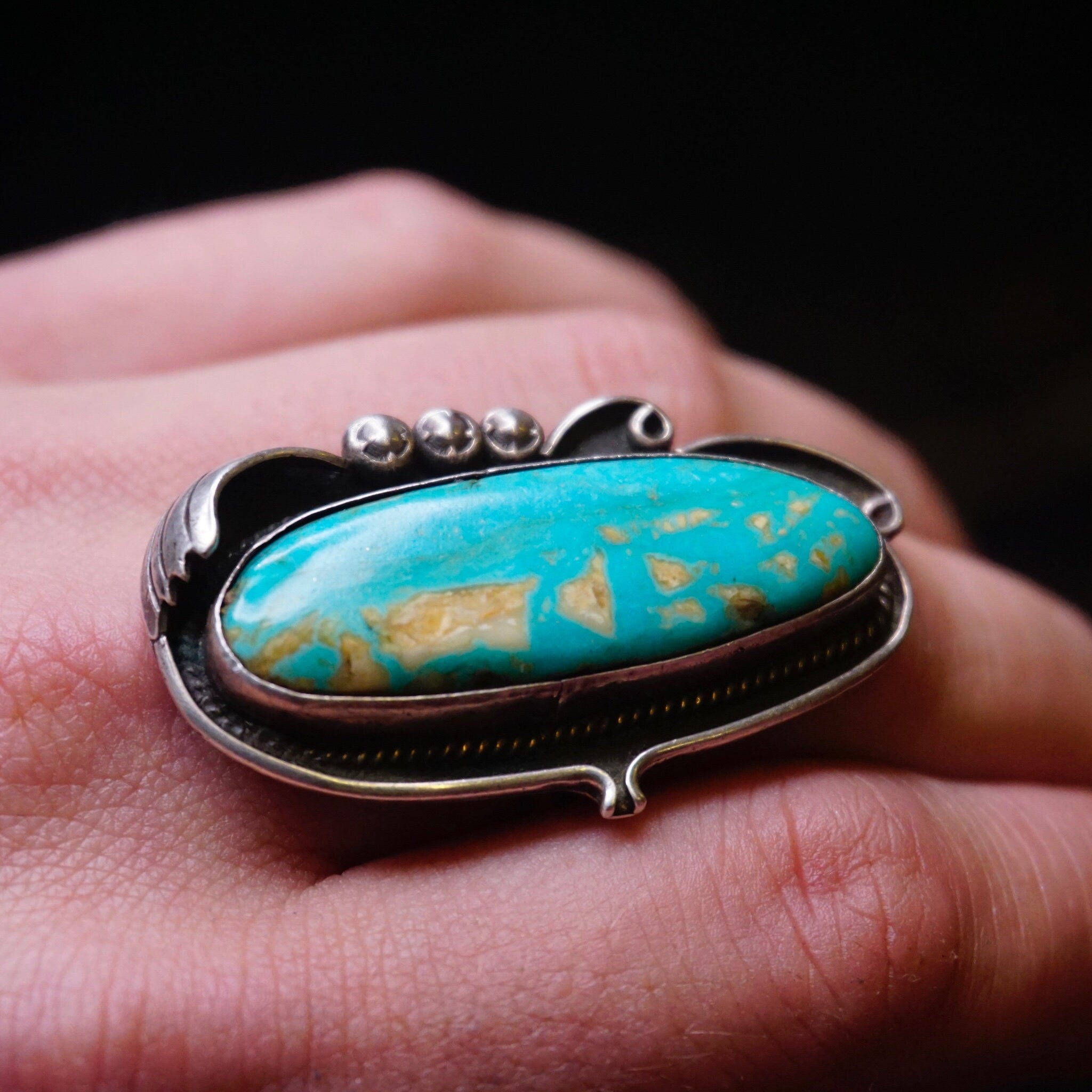Vintage Turquoise And Sterling Silver Ring, Large Turquoise Stone Ring, Long Finger Silver Ring With Natural Turquoise Stone, 925 Jewelry