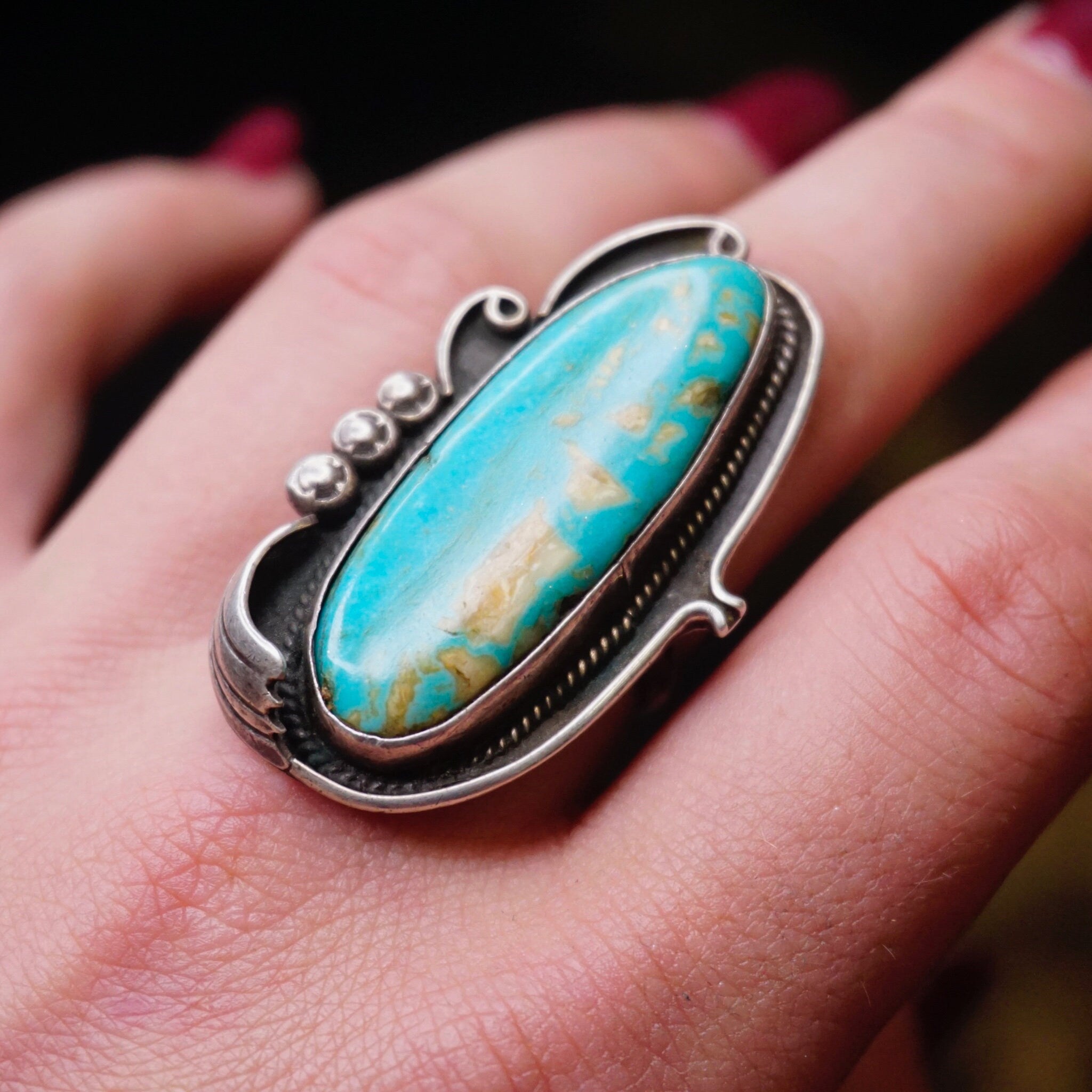 Vintage Turquoise And Sterling Silver Ring, Large Turquoise Stone Ring, Long Finger Silver Ring With Natural Turquoise Stone, 925 Jewelry