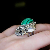 Vintage Malachite And Sterling Silver Ring, Embellished Feather/Leaf Ring With Tear Drop Stone, Native American Malachite Ring, Old Pawn