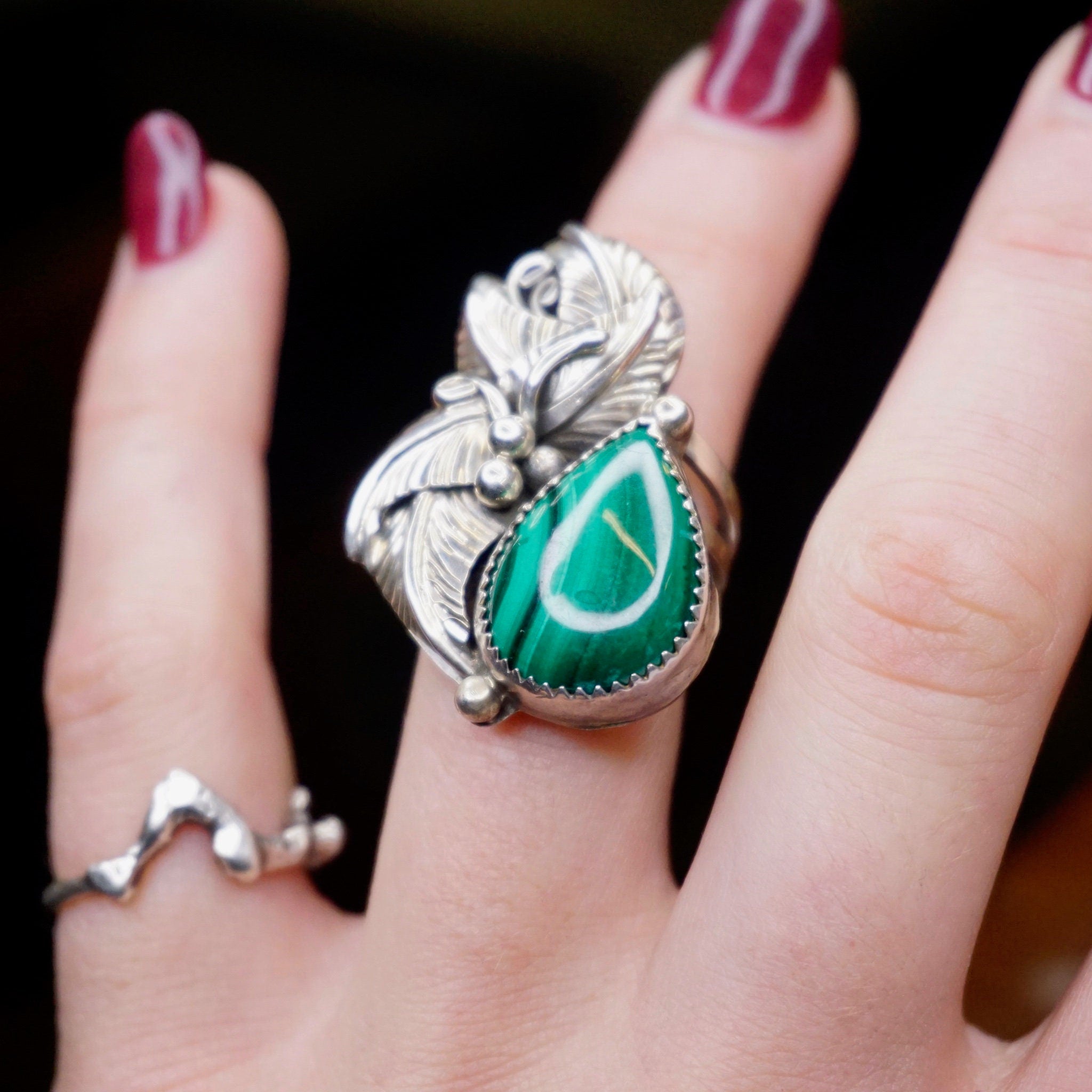 Vintage Malachite And Sterling Silver Ring, Embellished Feather/Leaf Ring With Tear Drop Stone, Native American Malachite Ring, Old Pawn